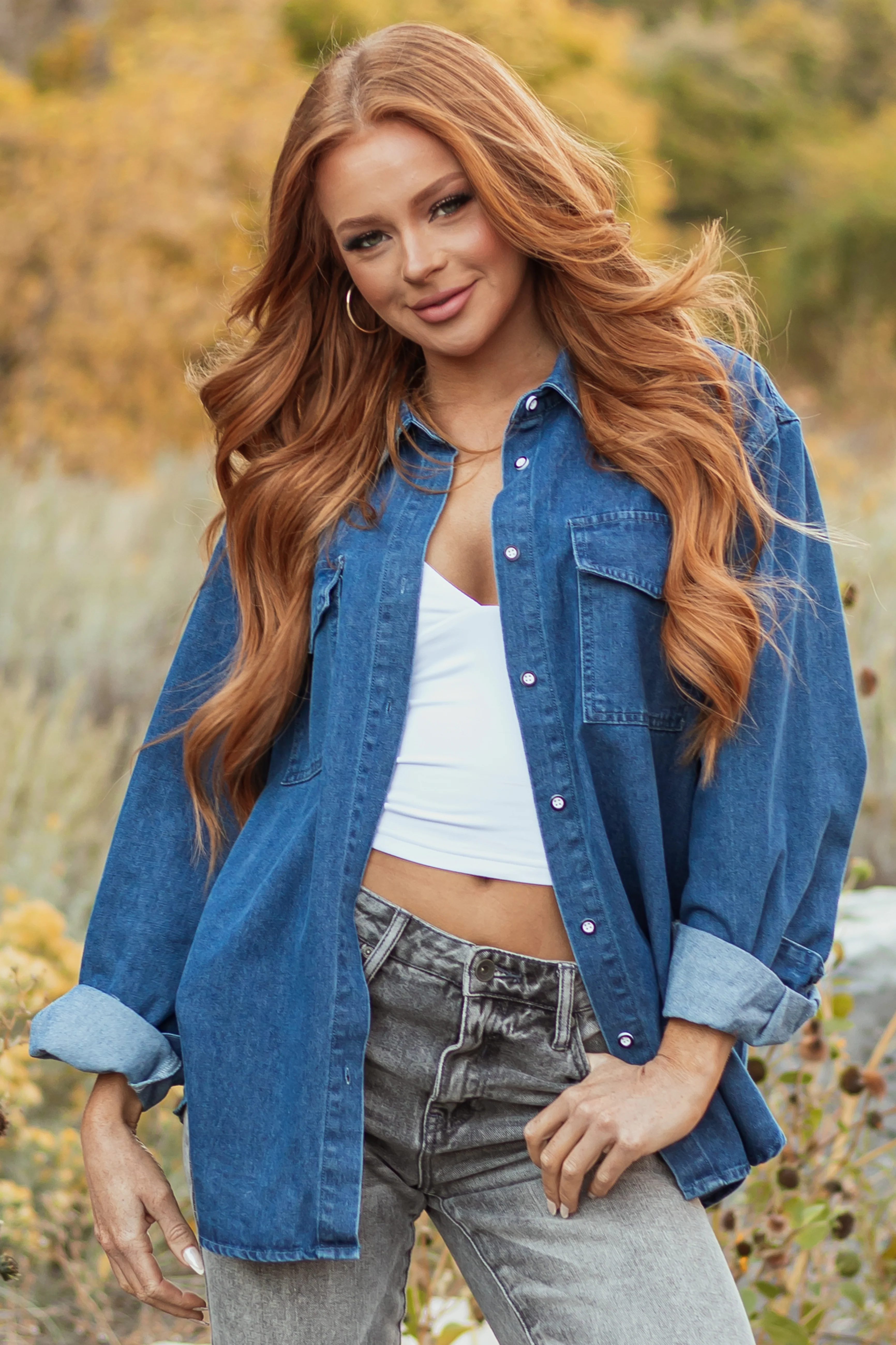 Dark Wash Chambray Button Down Long Sleeve Top - LD SALE