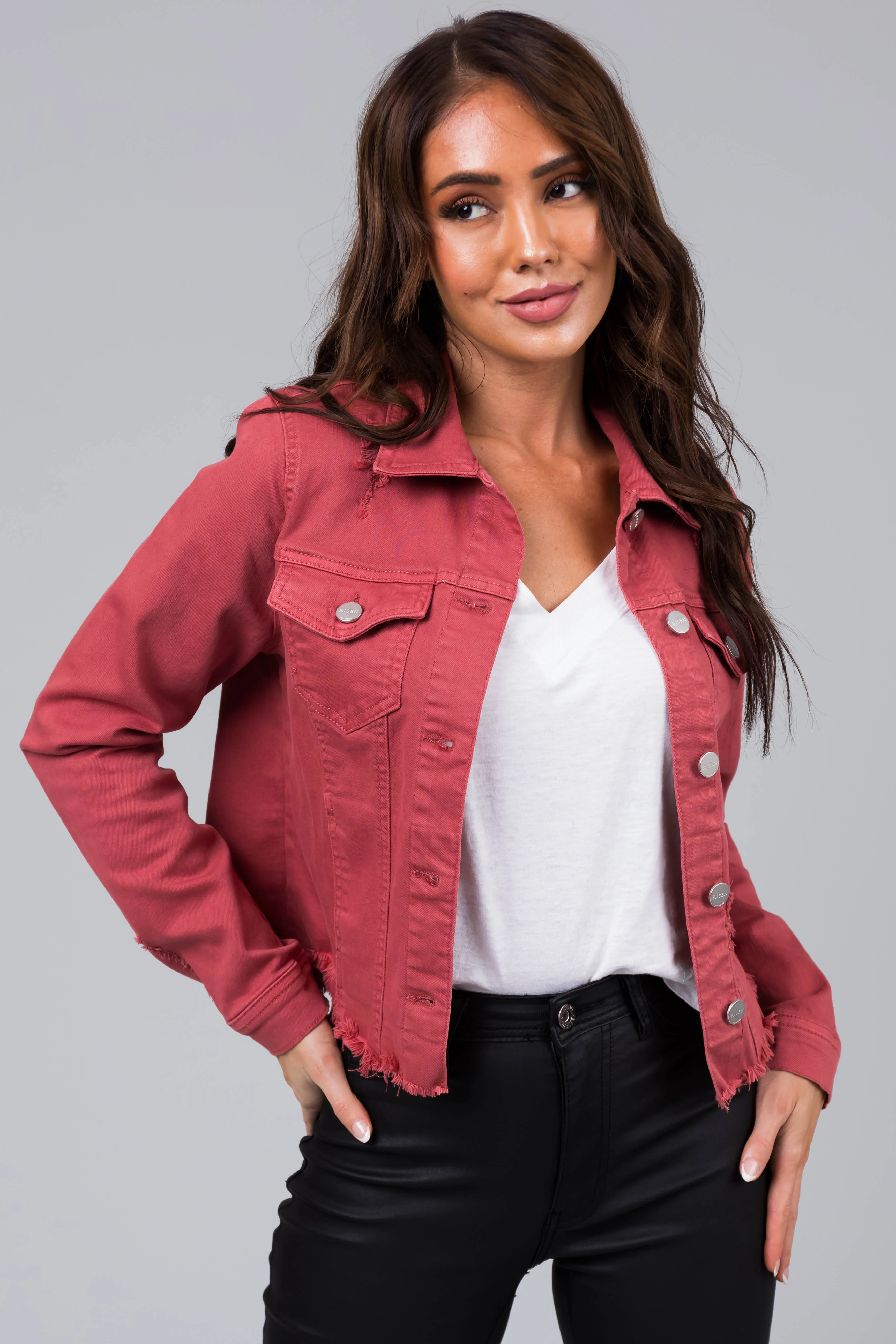 Hibiscus Button Up Distressed Denim Jacket - LD SALE