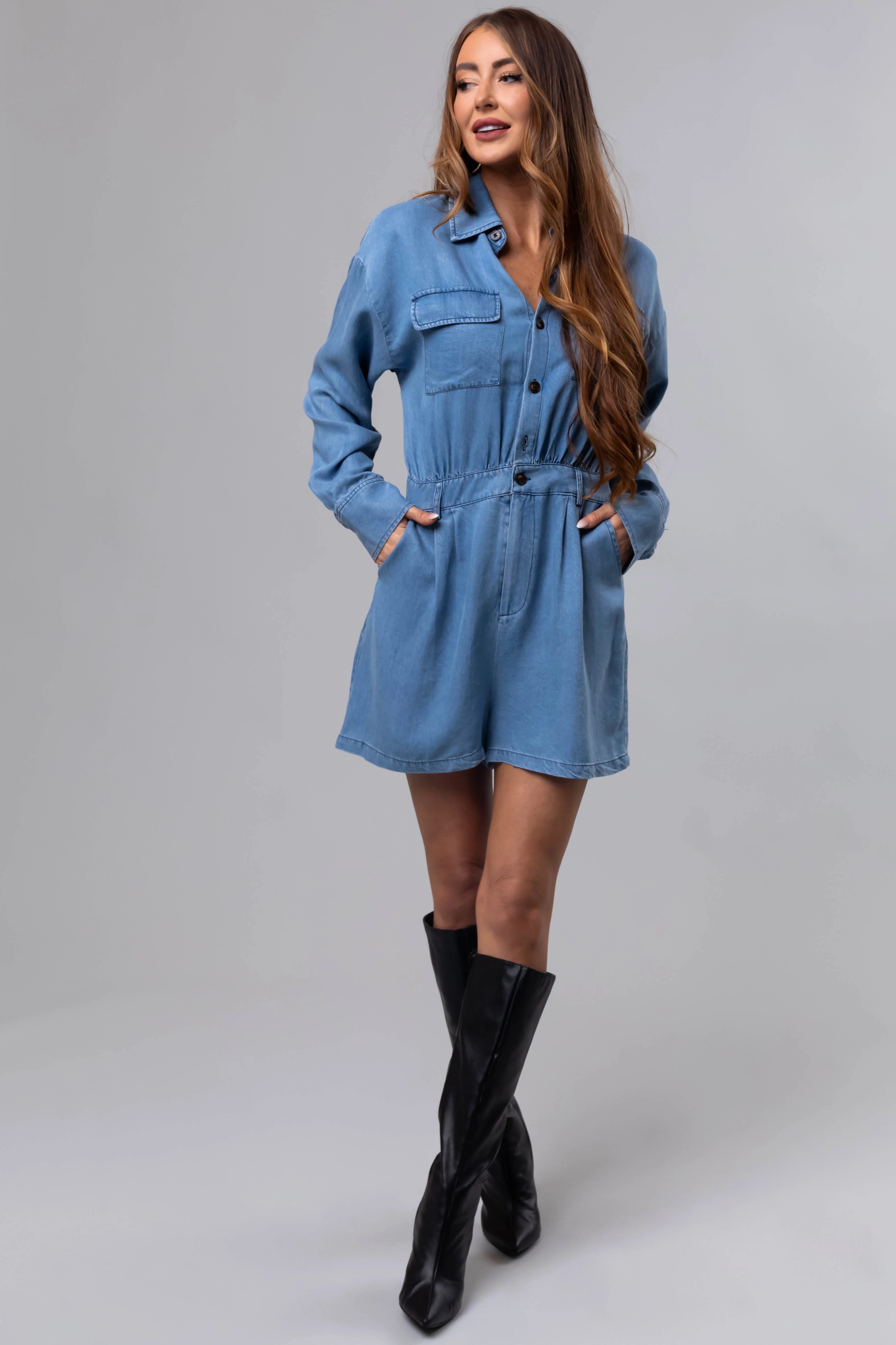 Medium Denim Long Sleeve Button Up Romper - LD SALE