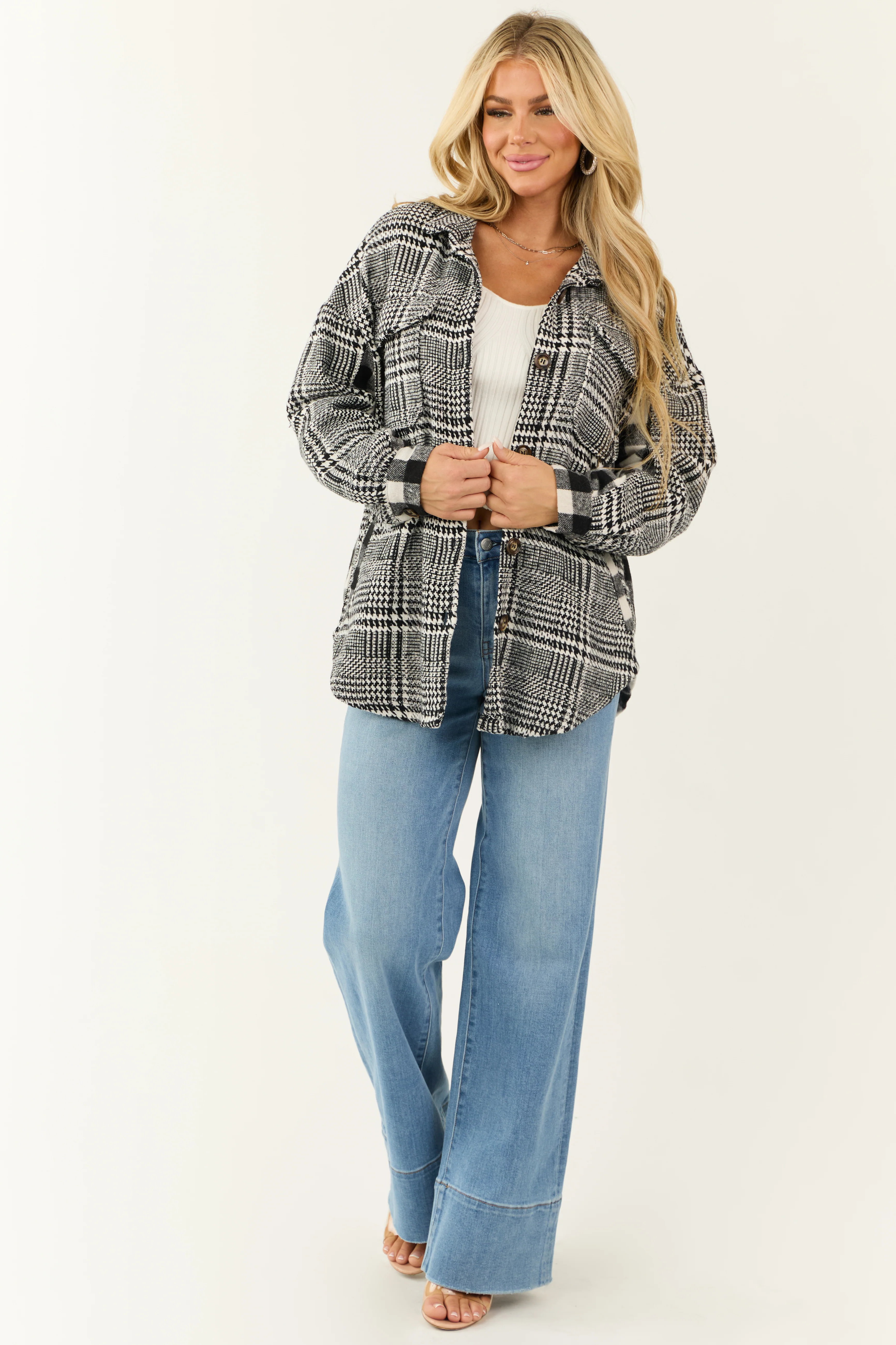 Black and Ivory Mixed Plaid and Gingham Shacket - LD SALE