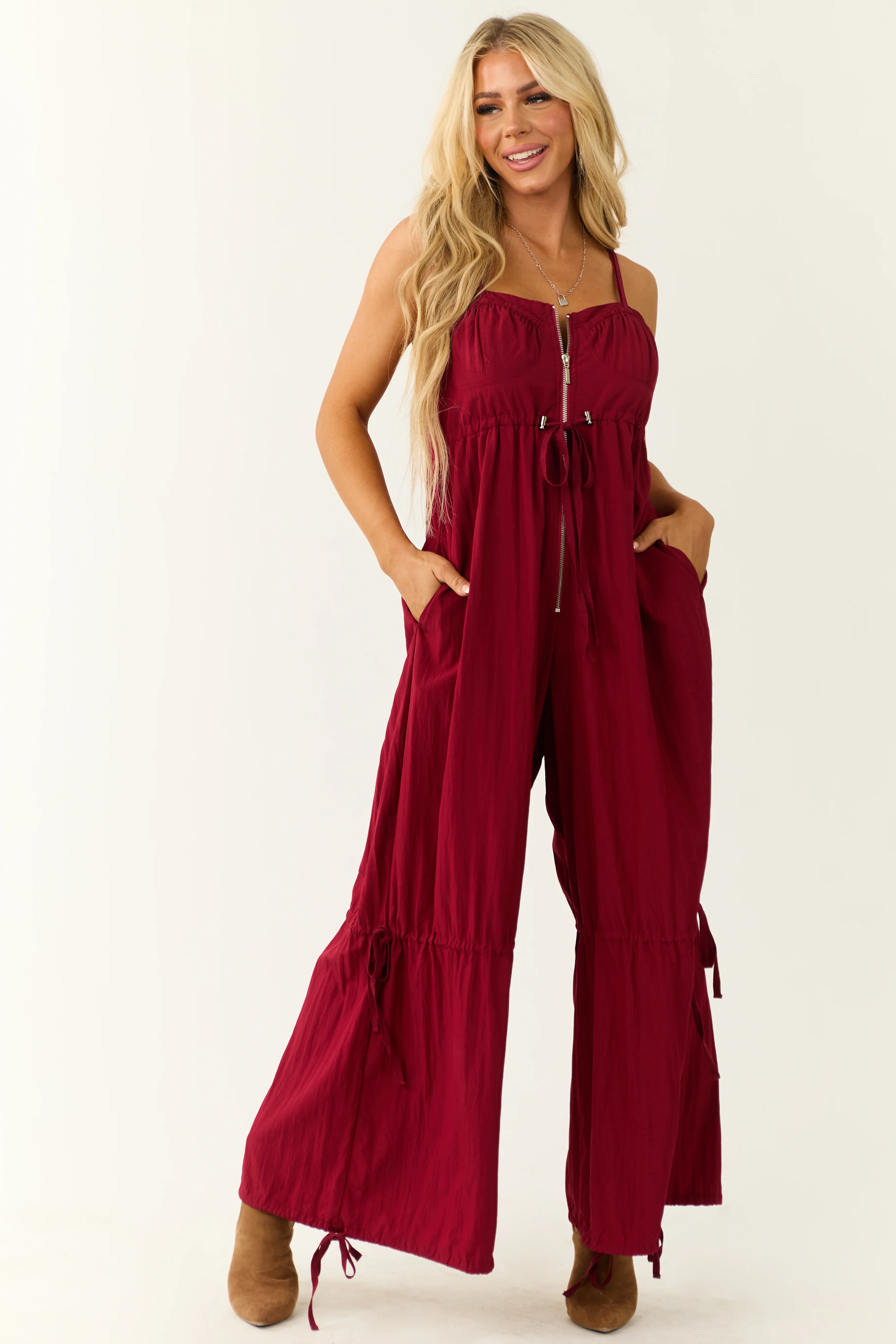 Maroon Sleeveless Zip Up Drawstring Jumpsuit - LD SALE