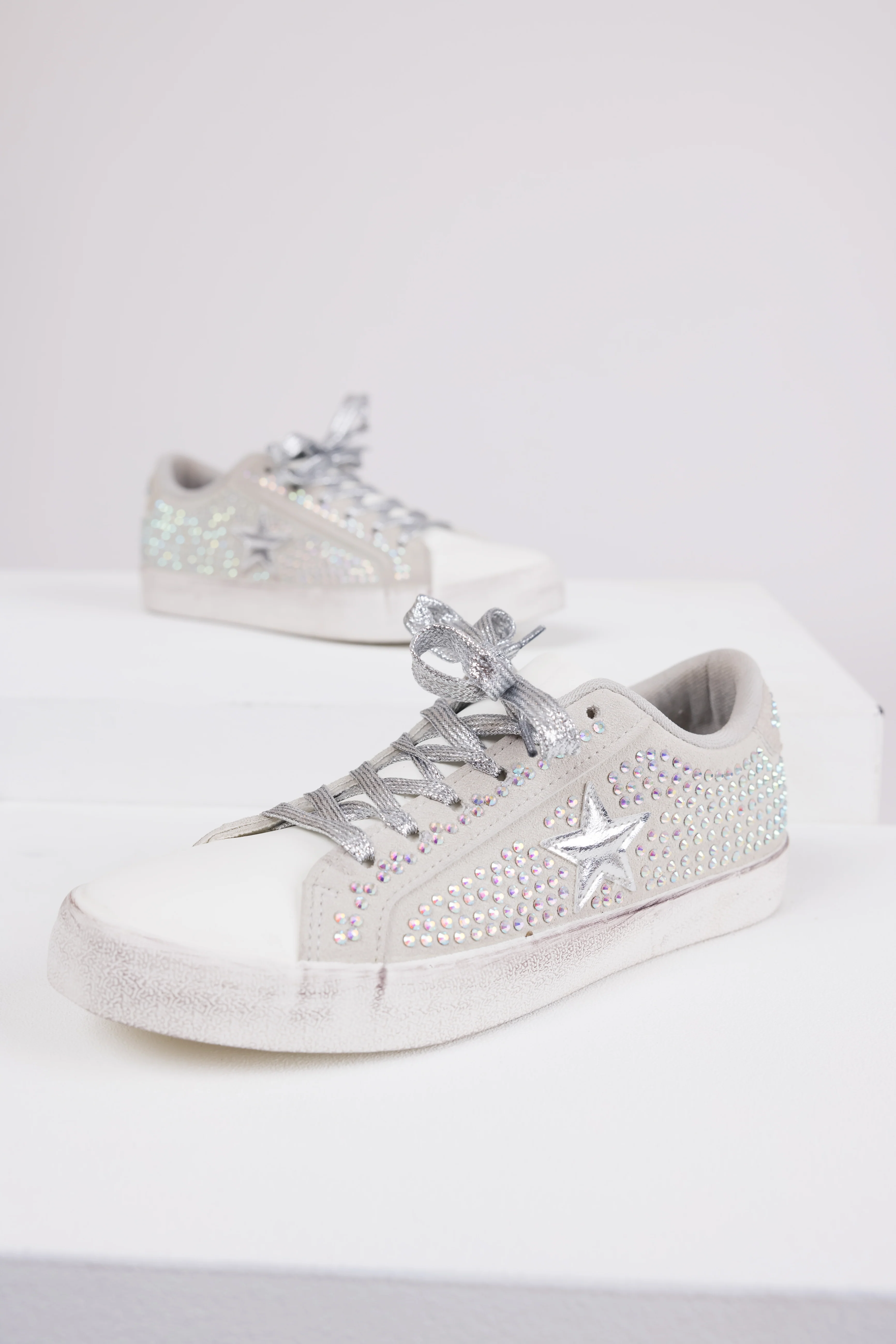 Grey Distressed Sole Rhinestone Sneakers - LD SALE