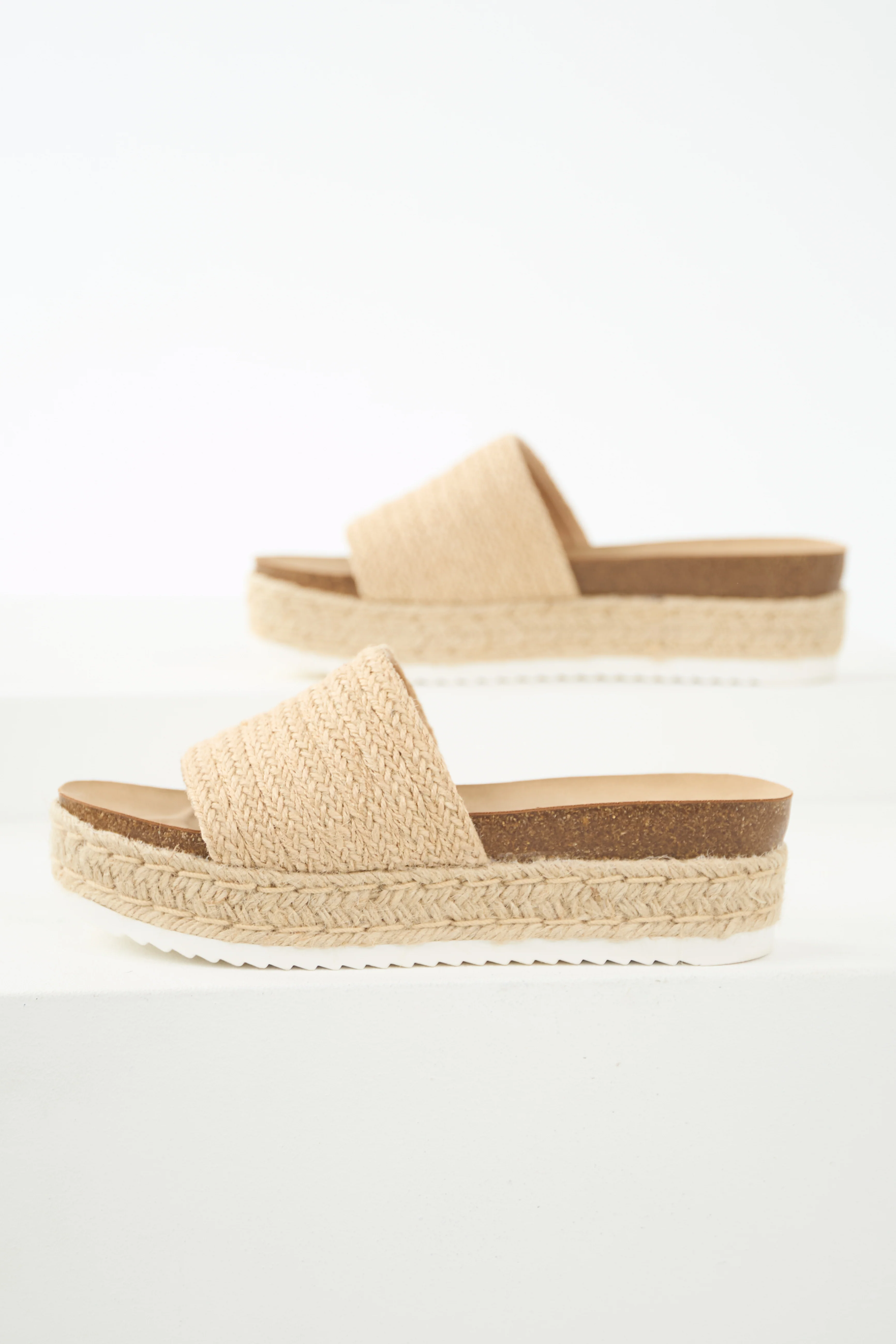 Beige Raffia Slip On Platform Espadrille Sandals - LD SALE
