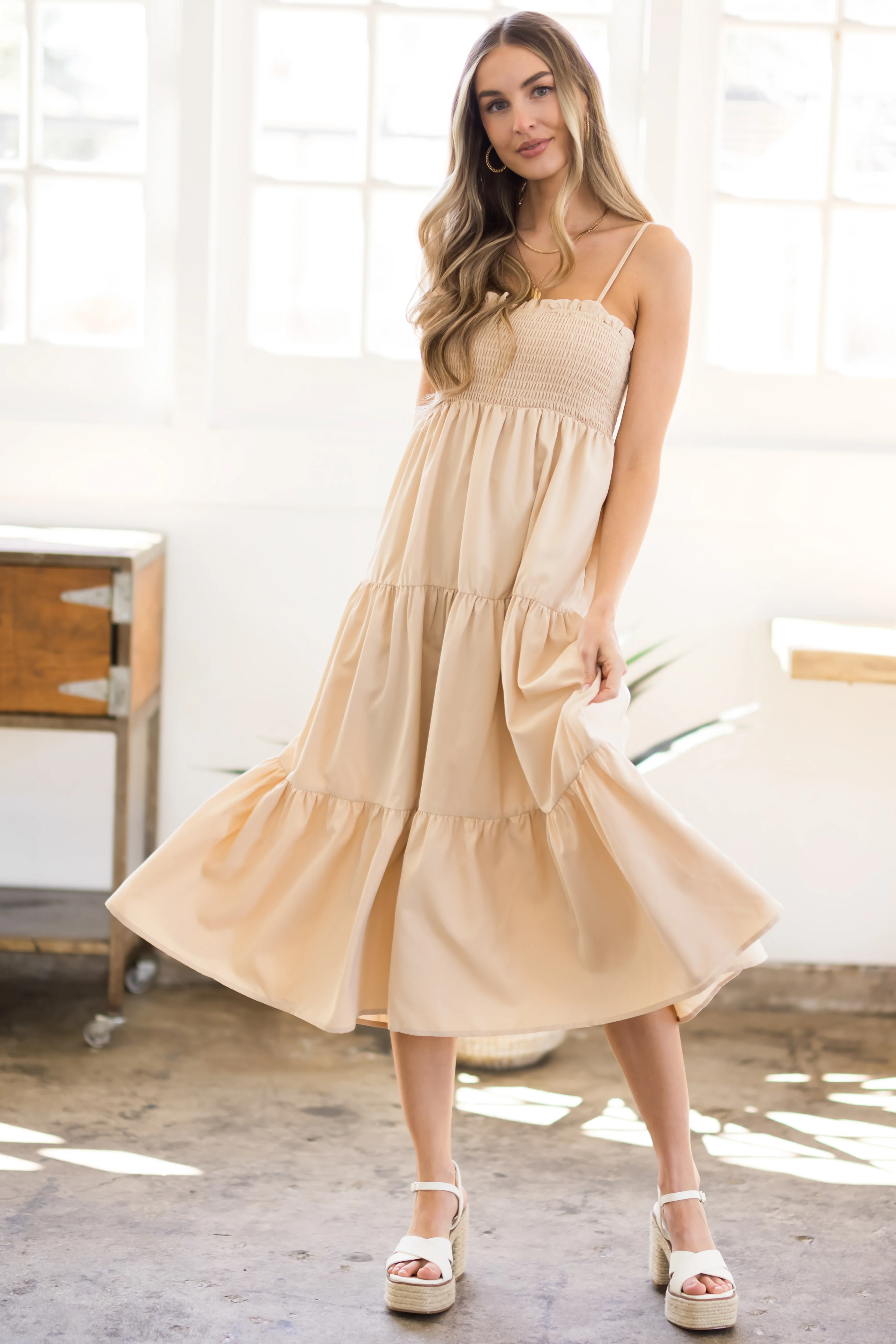 Beige Smocked Tiered Sleeveless Midi Dress - LD SALE