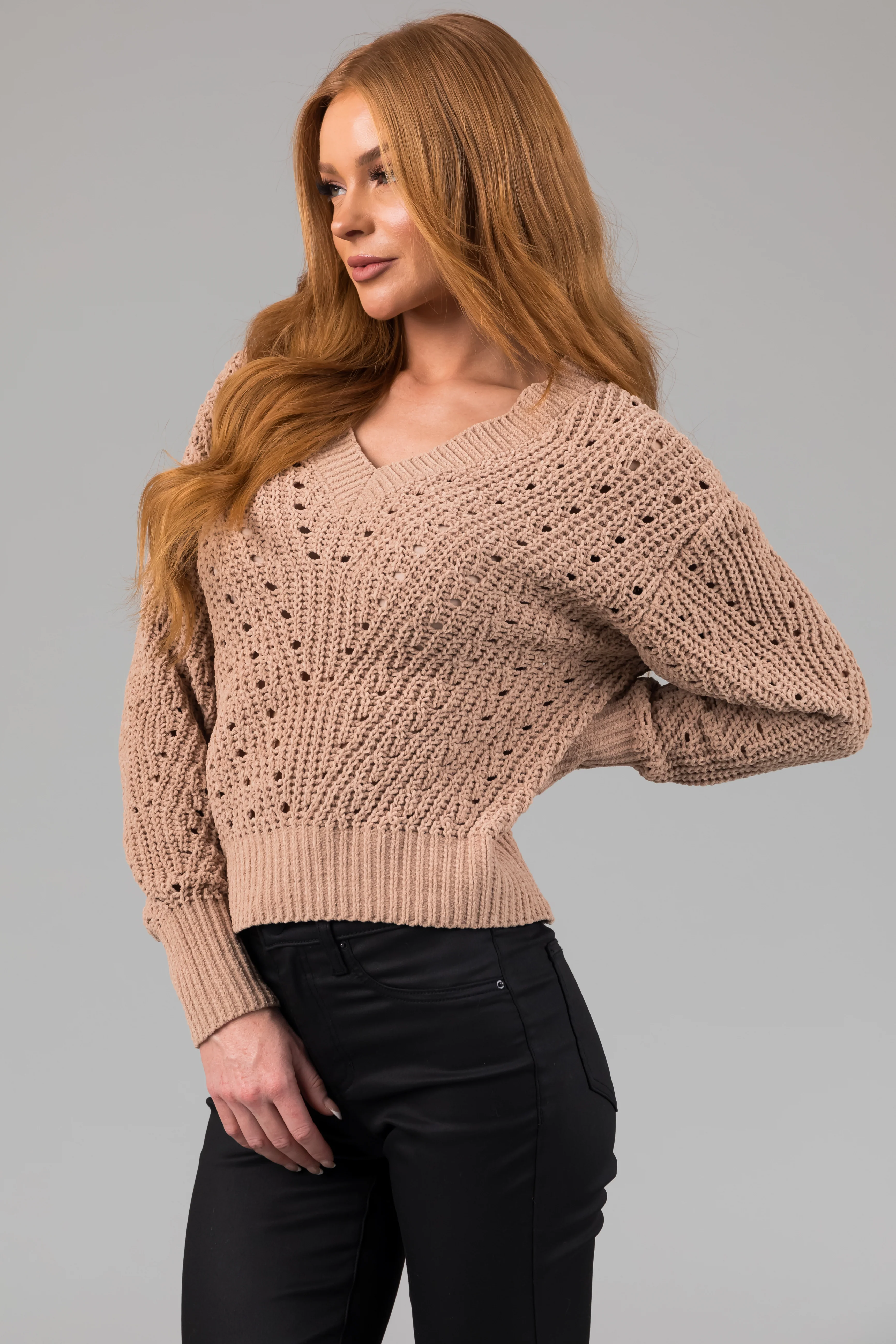 Latte Pointelle Cut Out Chenille Sweater - LD SALE