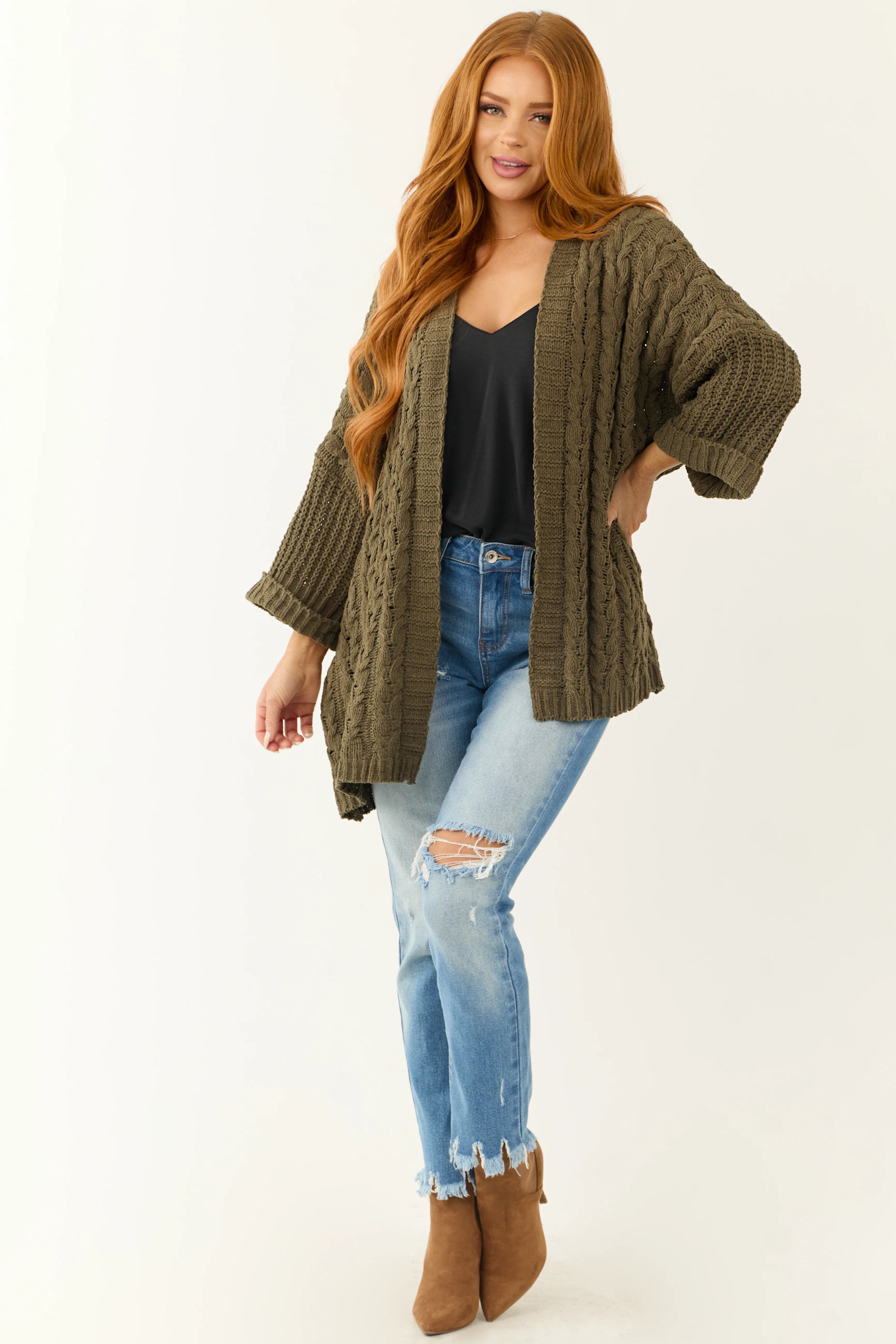 Army Green Cable Knit 3/4 Sleeve Cardigan - LD SALE