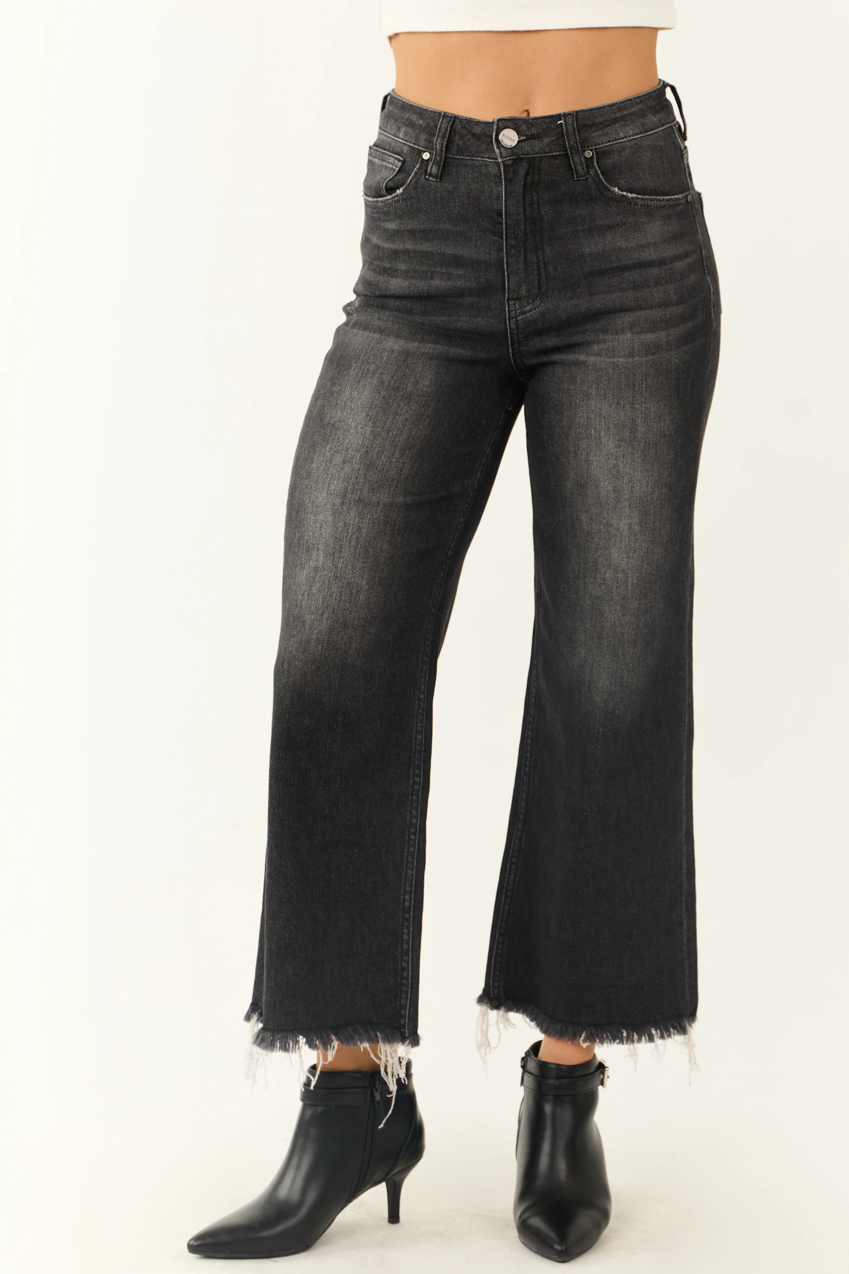 Risen Black Wide Leg Frayed Hem Cropped Jeans - LD SALE