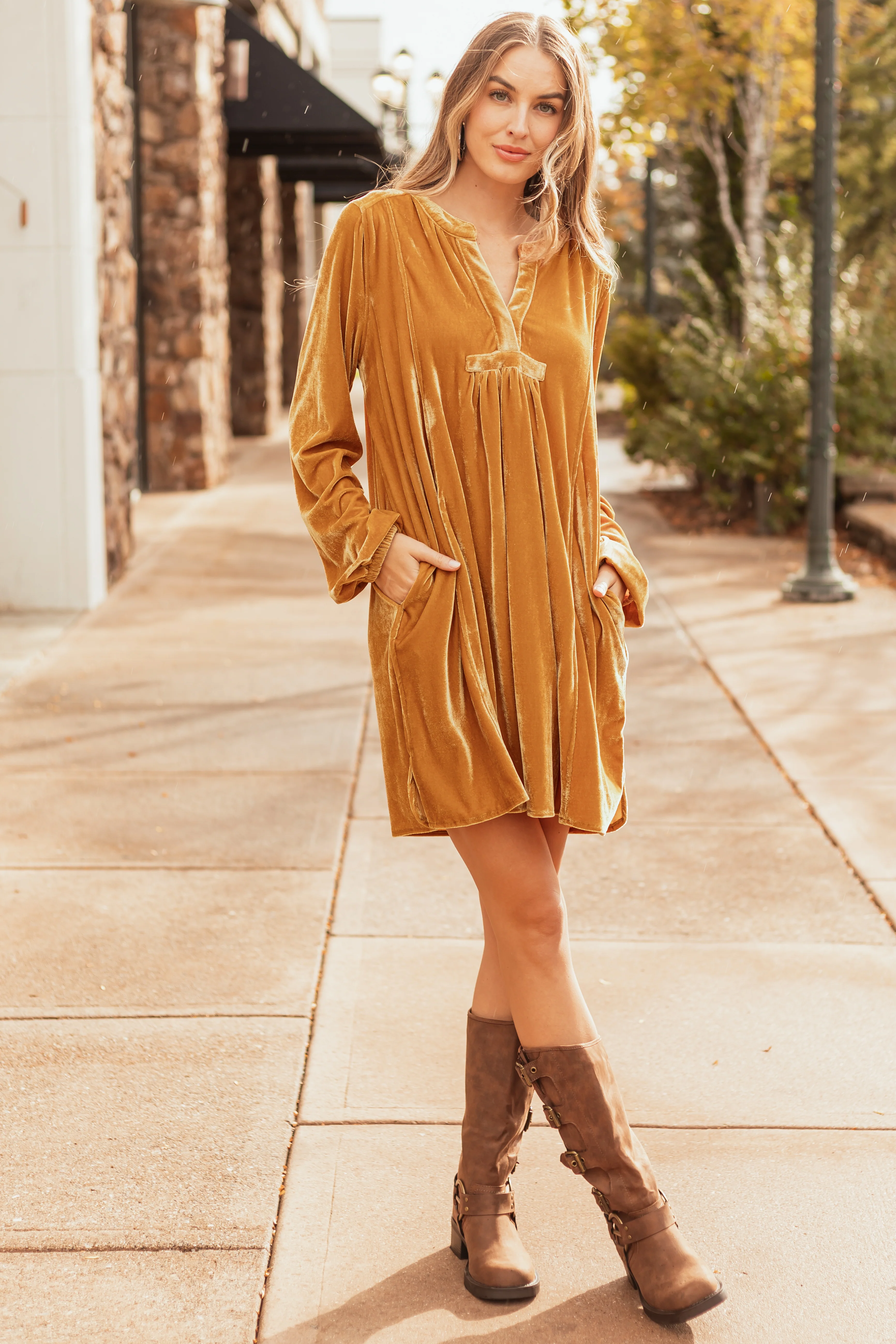 Light Caramel Notch Neck Shift Fit Velvet Dress - LD SALE