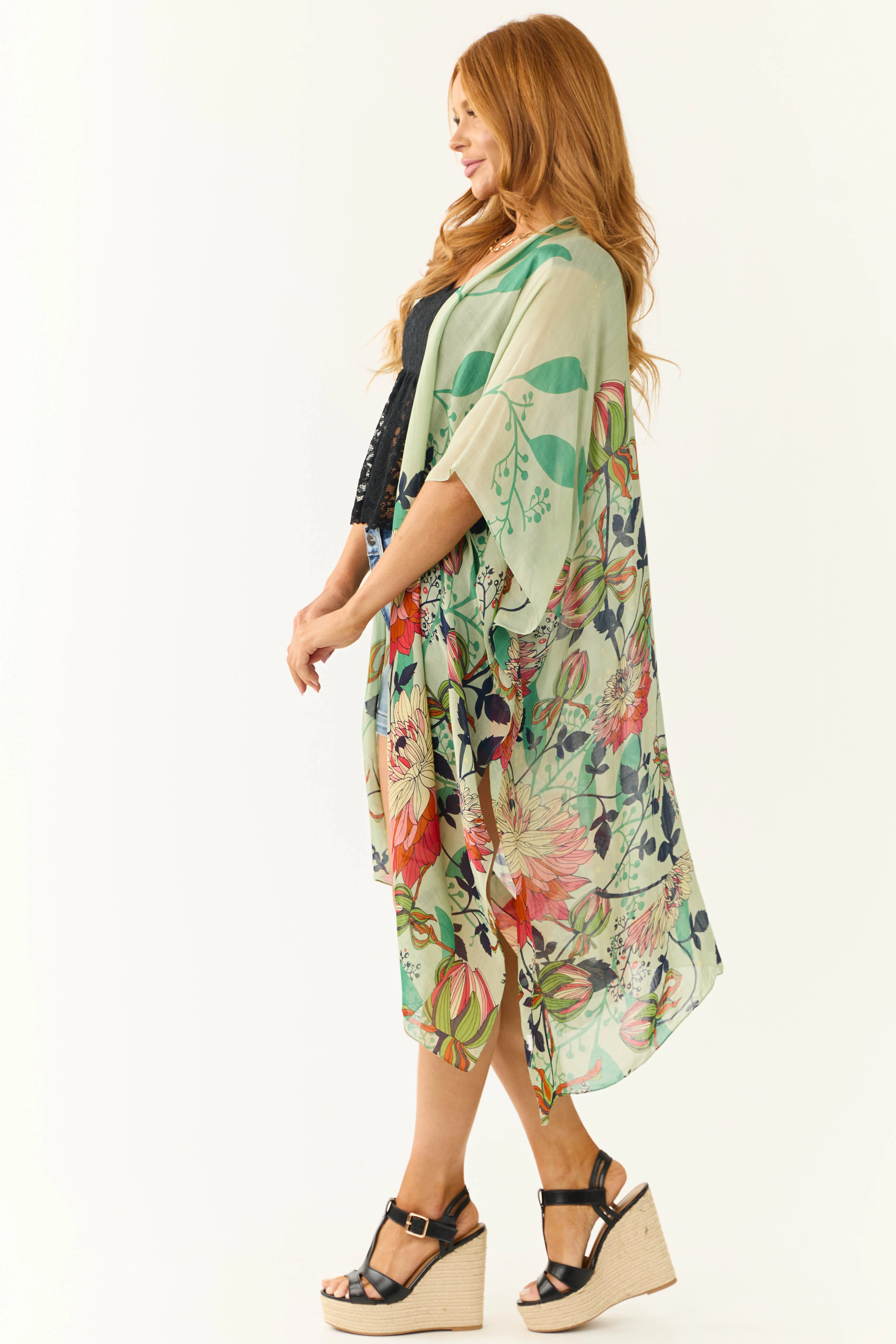 Sage Lightweight Floral Lotus Print Kimono - LD SALE