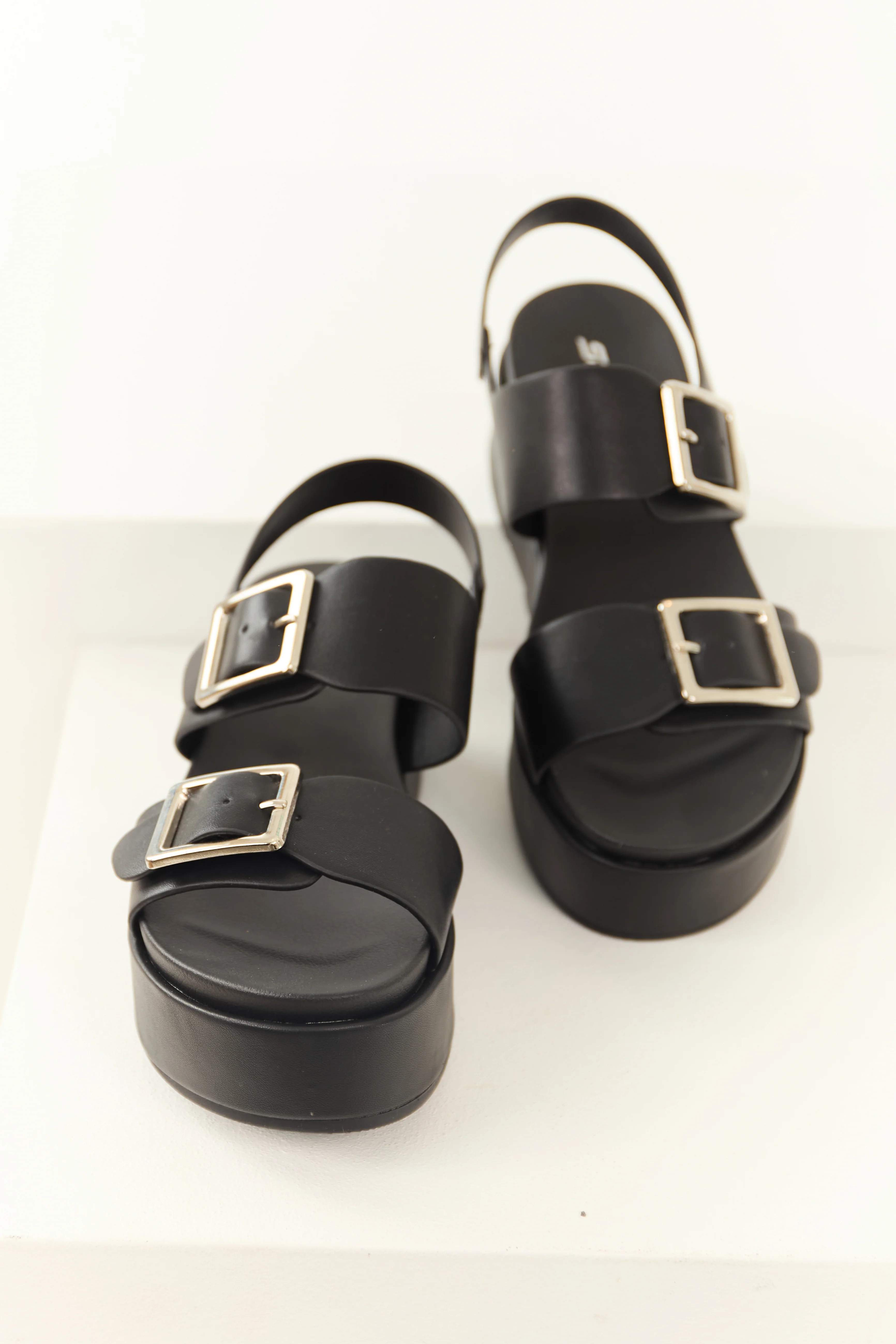 Black Faux Leather Silver Buckle Platform Sandals - LD SALE