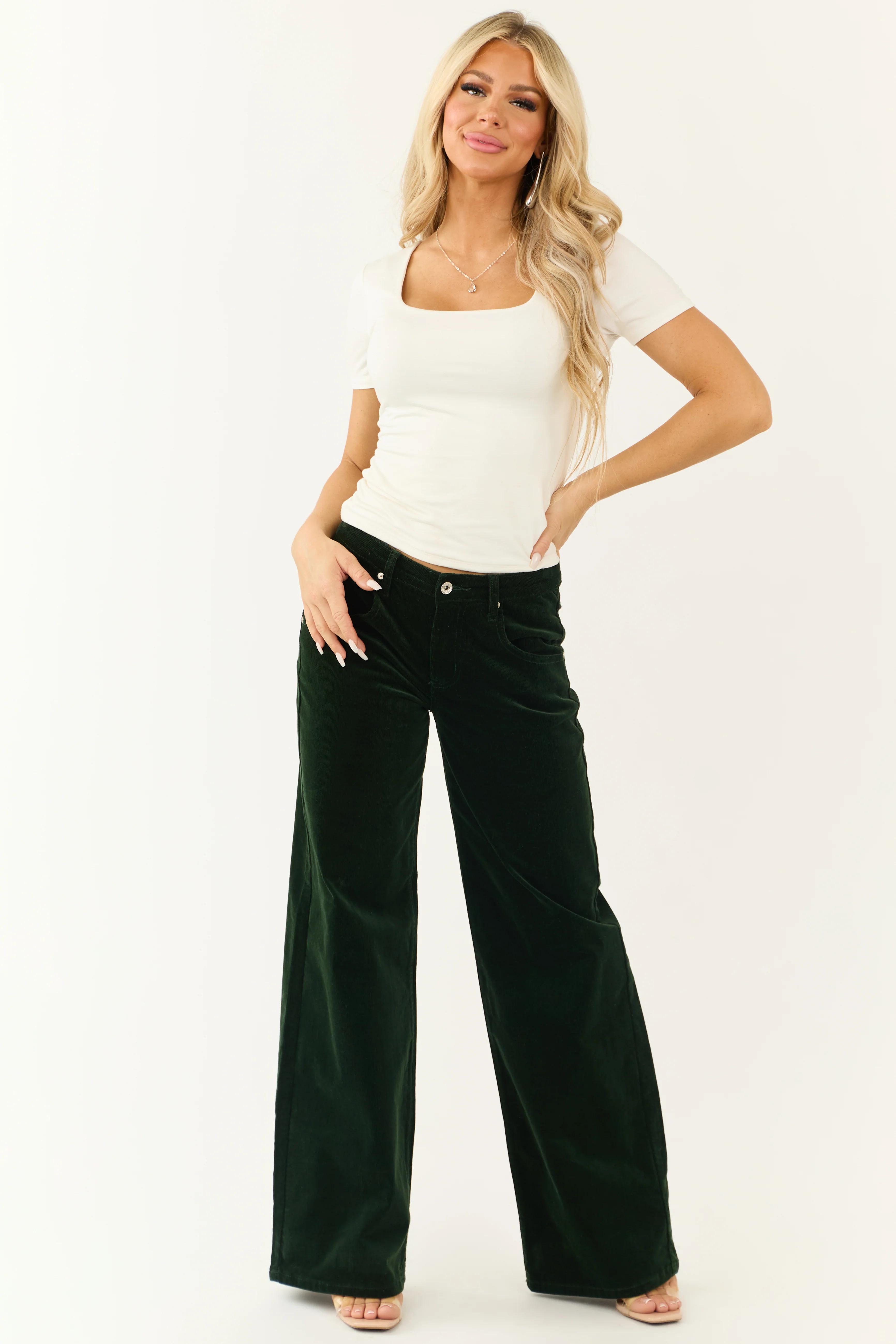 Forest Green Corduroy High Rise Wide Leg Pants - LD SALE