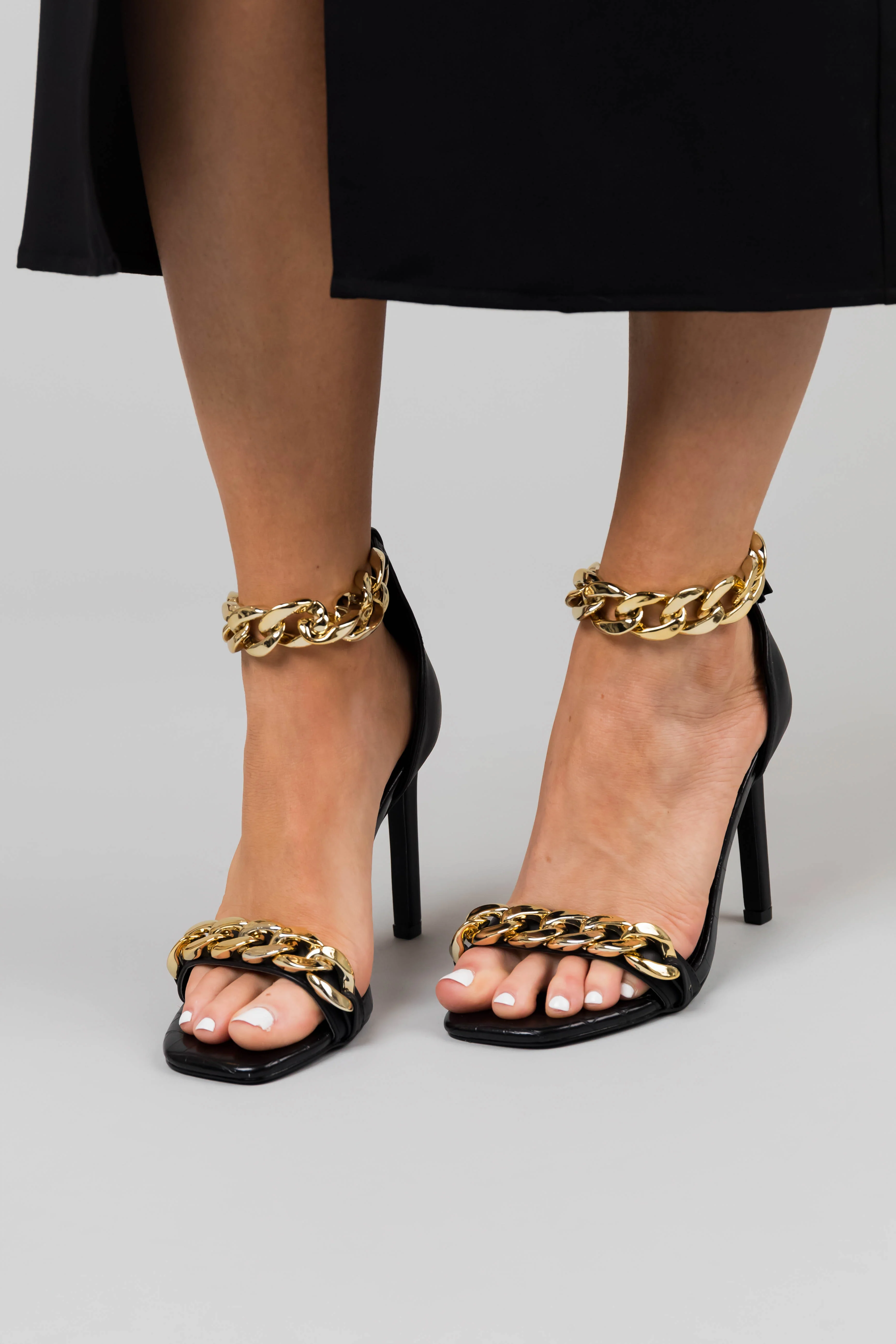 Black Square Toe Chain Strap High Heels - LD SALE