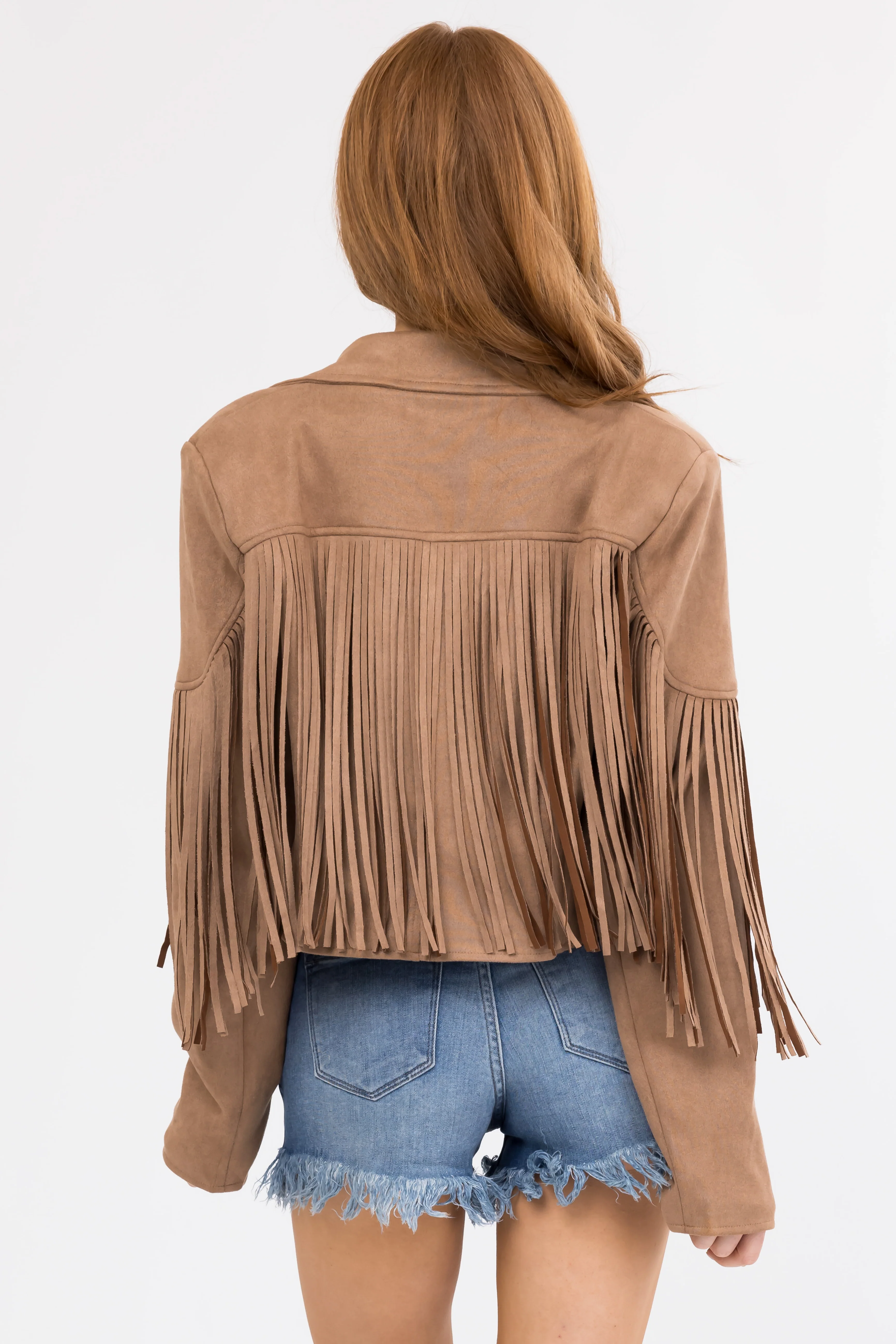 Cognac Faux Suede Fringe Open Front Jacket - LD SALE