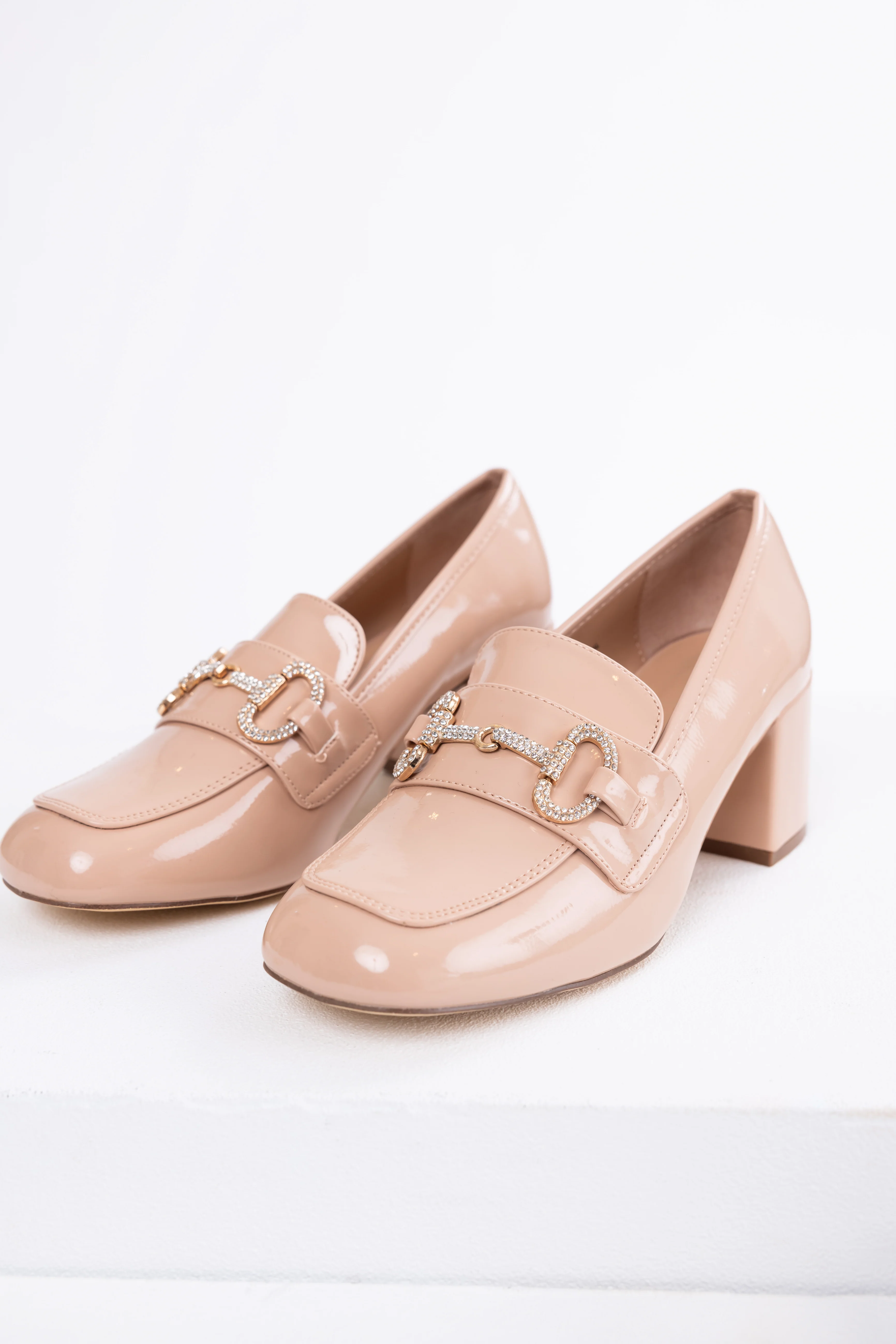 Nude Shiny Leather Block Heel Loafers - LD SALE