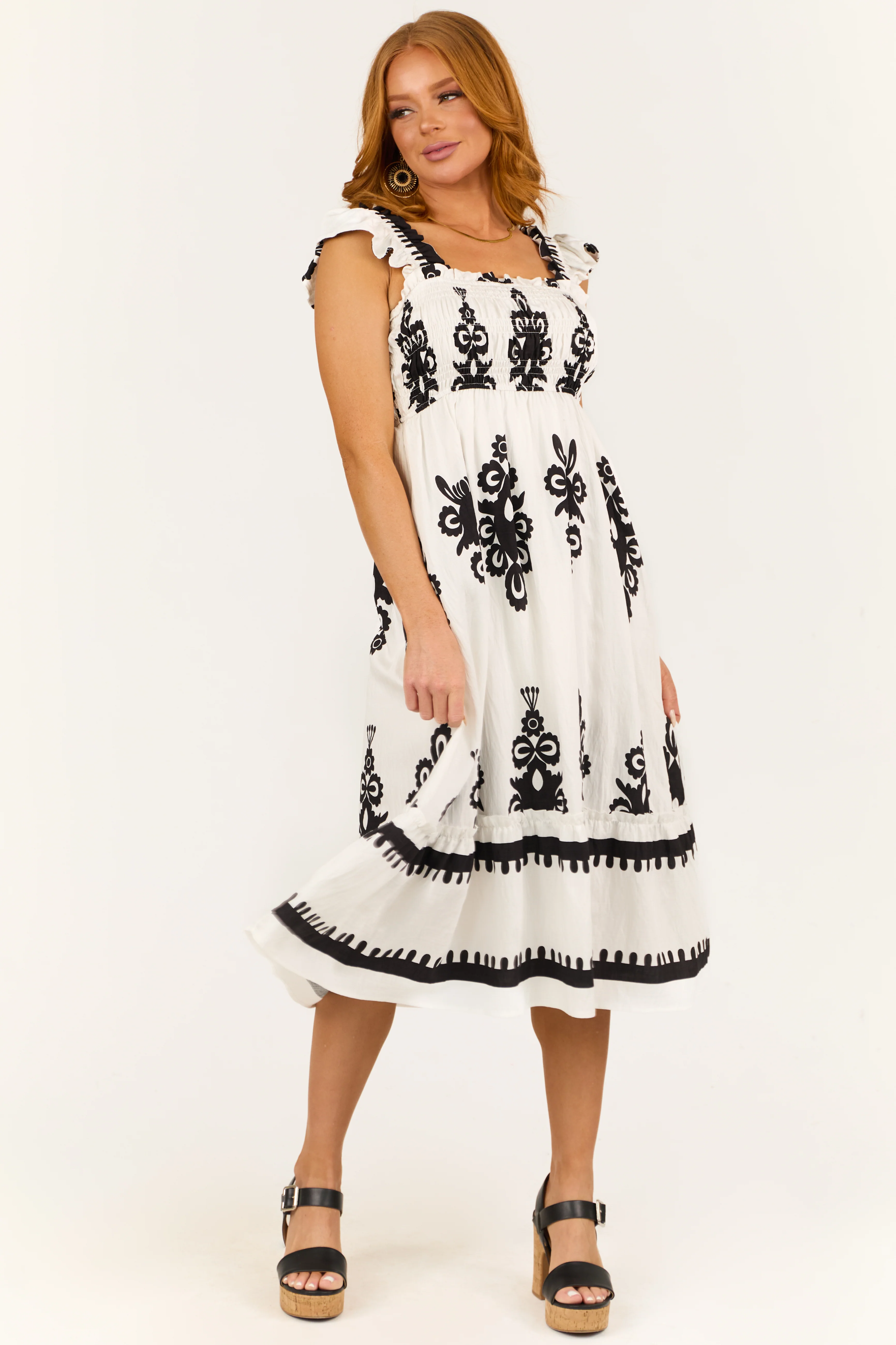 White and Black Abstract Print Smocked Midi Sun Dress - LD SALE