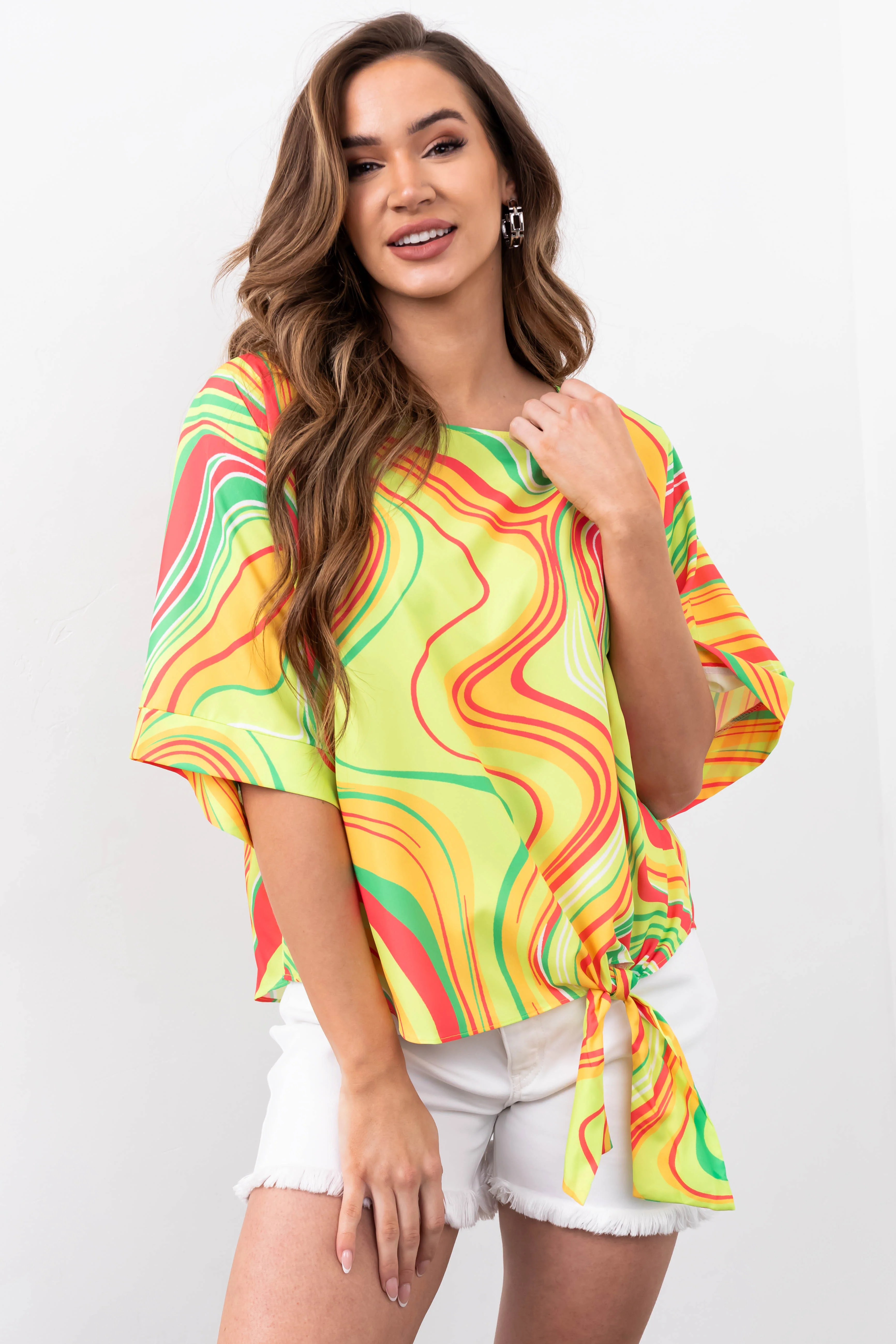 She+Sky Lime Abstract Print Side Tie Top - LD SALE