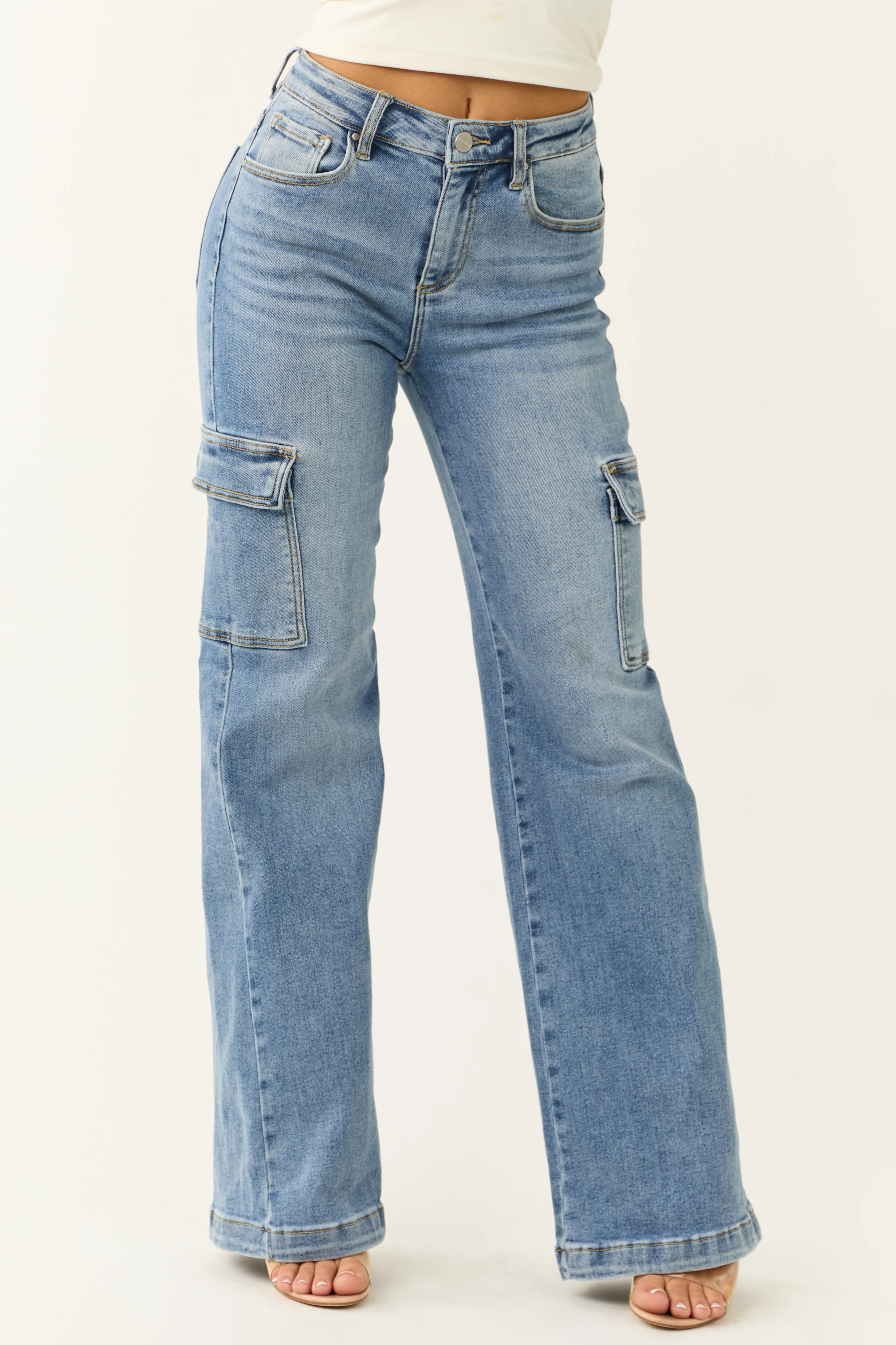 Risen Medium Wash Straight Leg Cargo Jeans - LD SALE