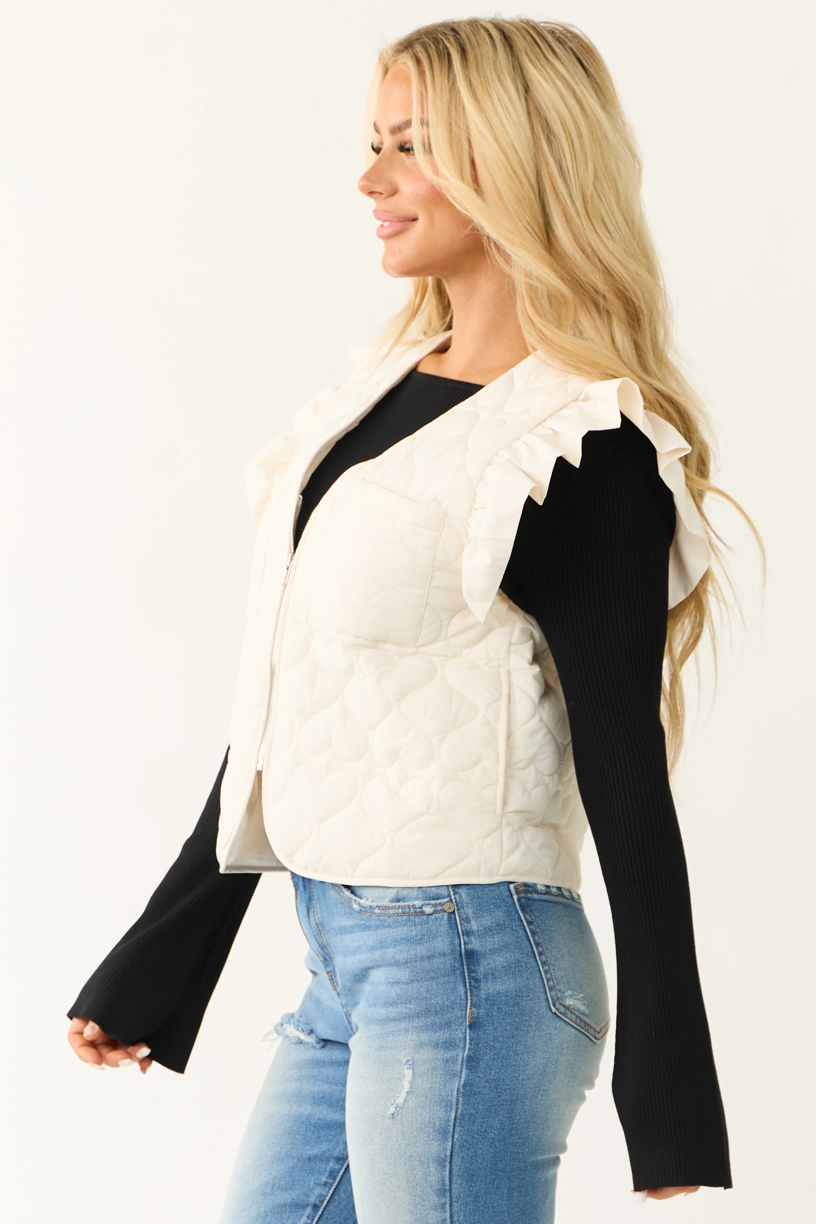 Cream Ruffle Strap Zip Up Quilted Puffer Vest - LD SALE