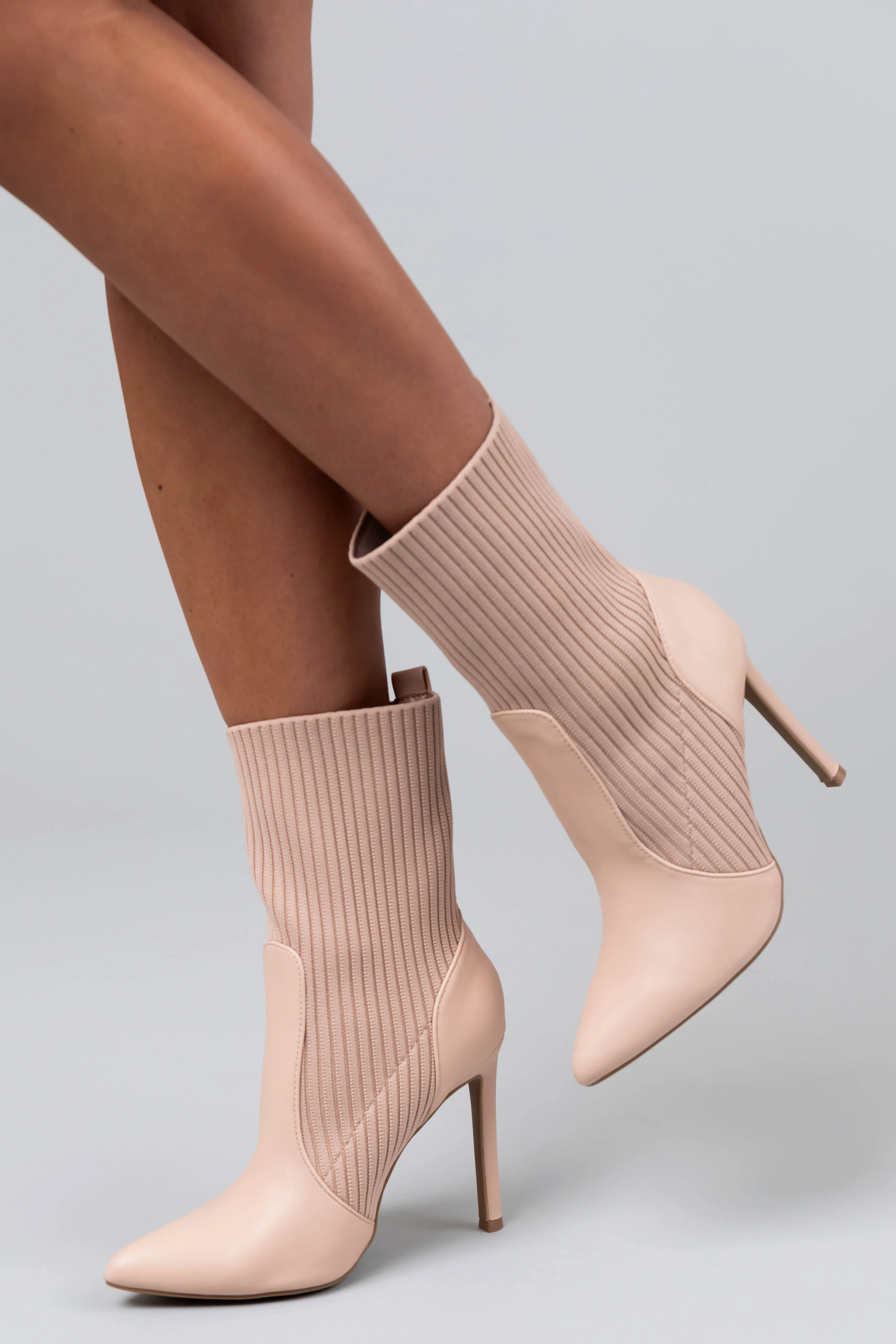 Nude Ribbed Knit Pointed Toe High Heel Booties - LD SALE