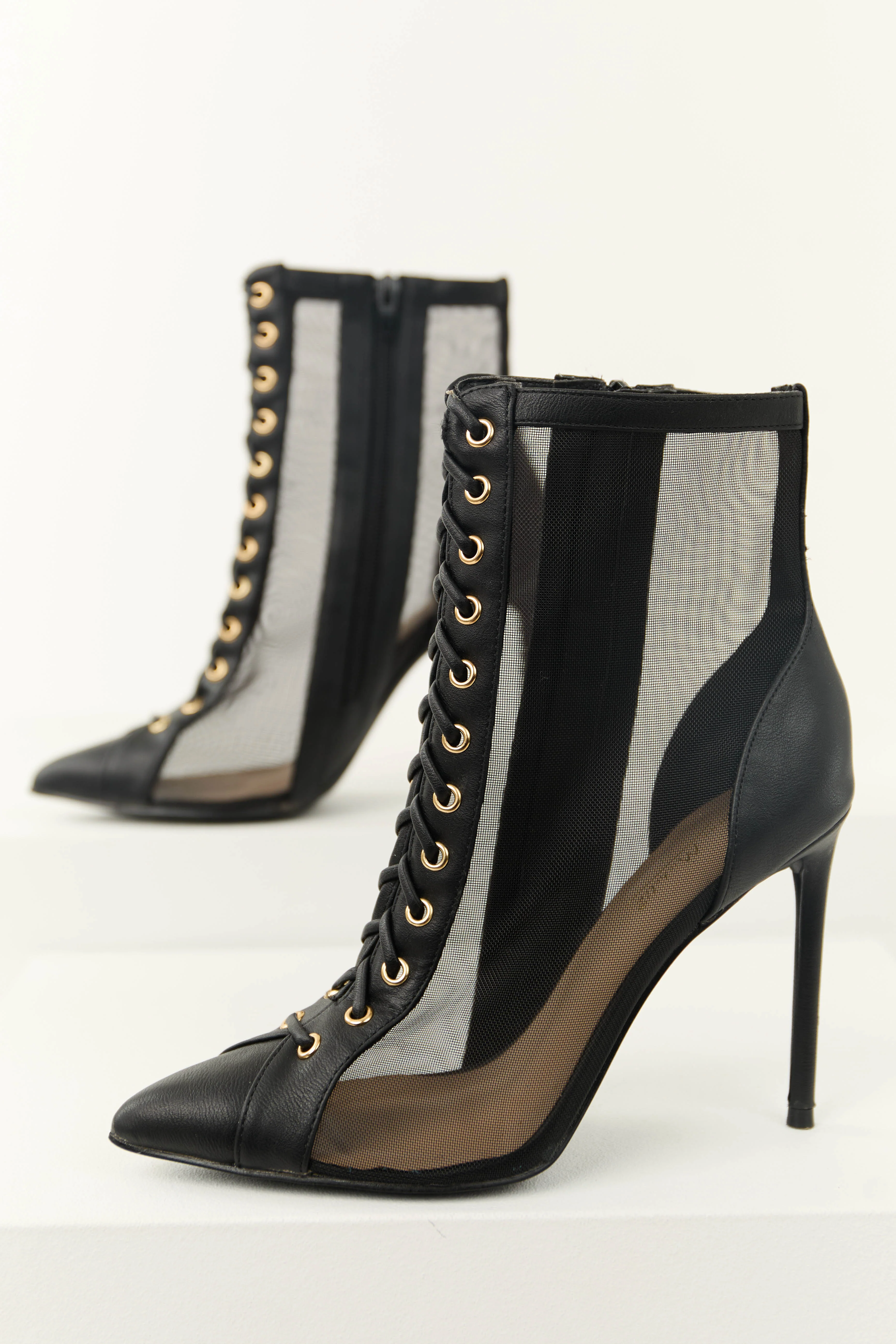 Black Sheer Mesh Lace Up Stiletto Booties - LD SALE