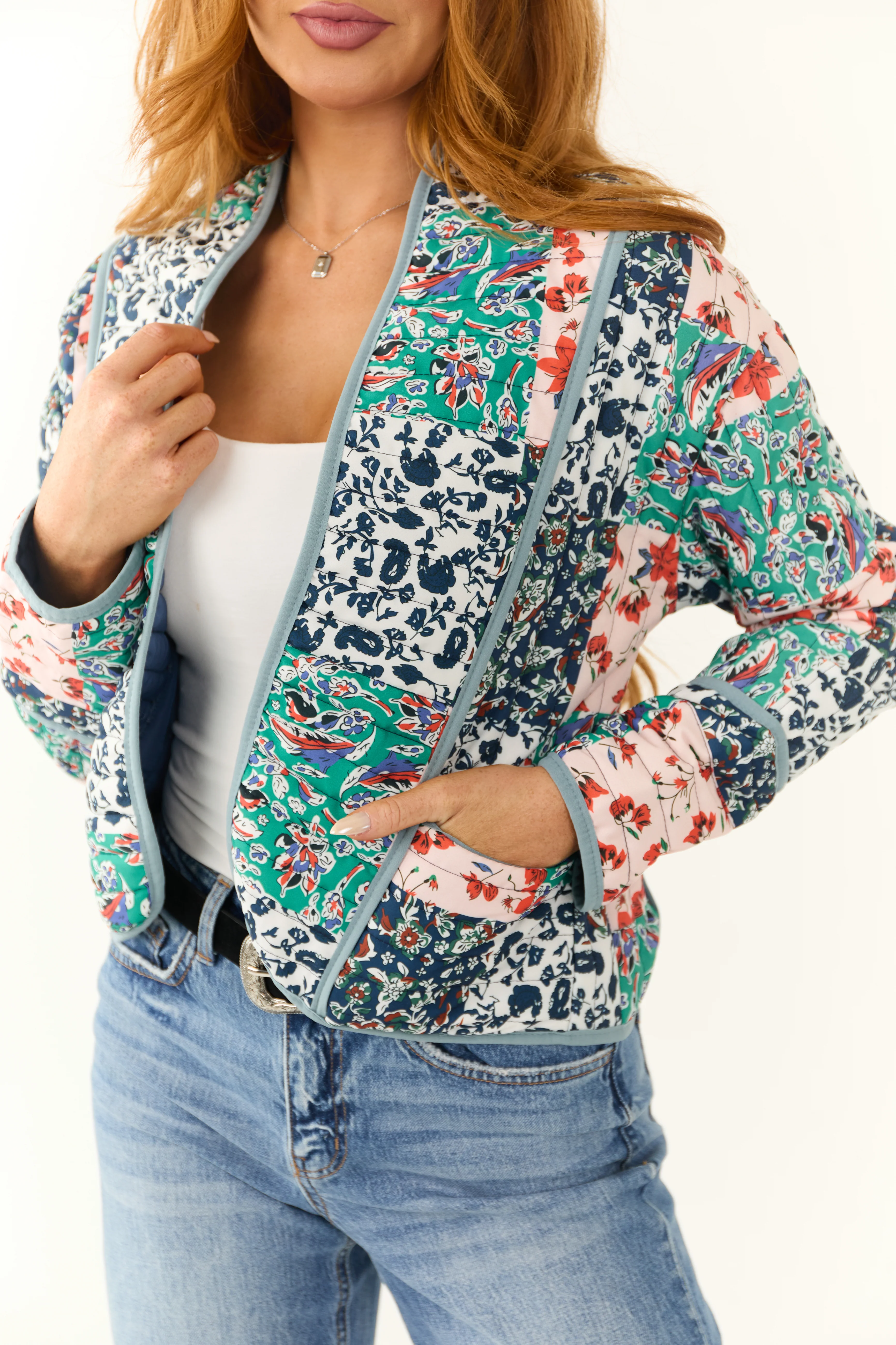 Slate Blue Floral Multiprint Quilted Jacket - LD SALE