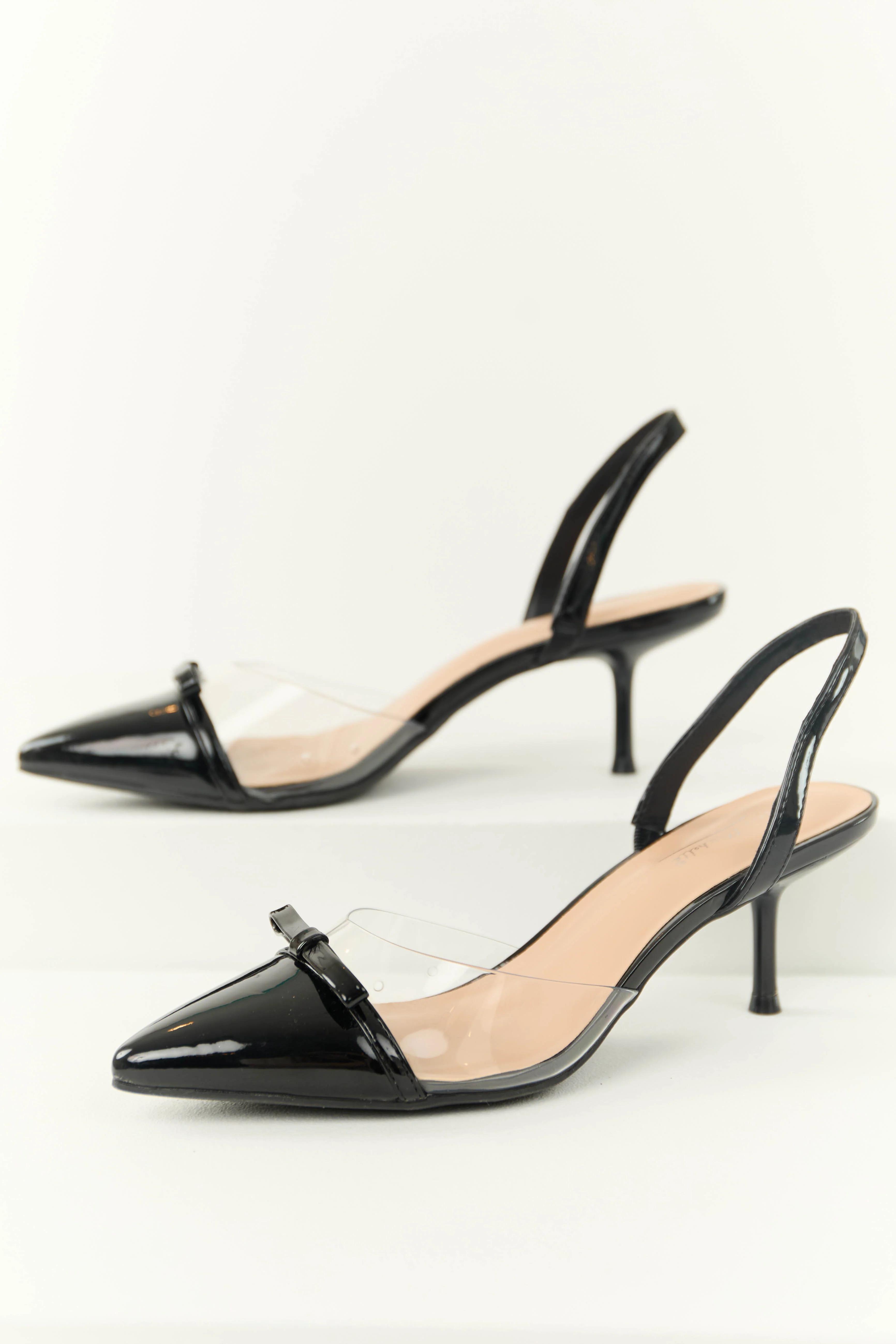Shiny Black Pointed Toe Slingback Heels with Bow - LD SALE