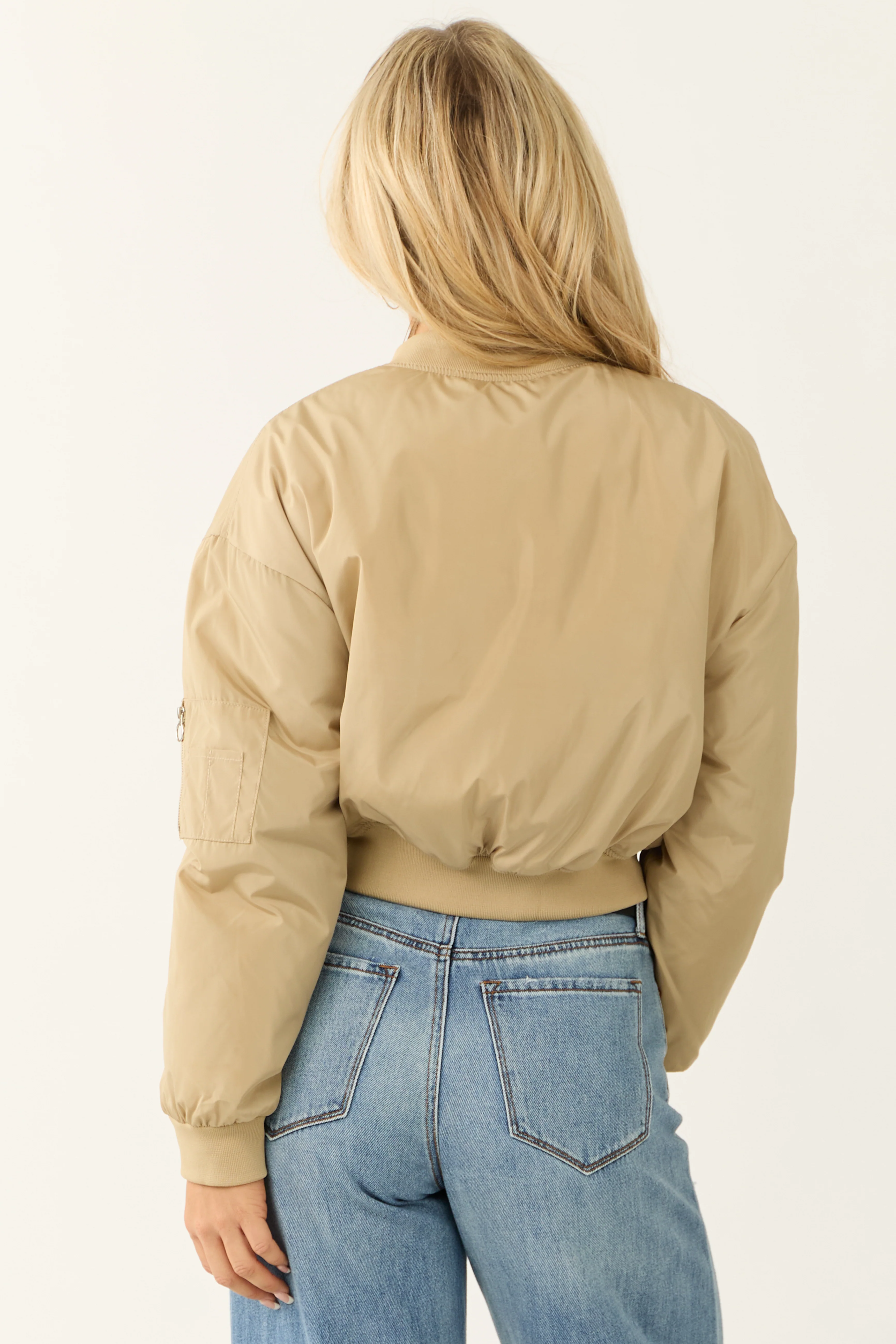 Light Taupe Zip Up Cropped Bomber Jacket - LD SALE