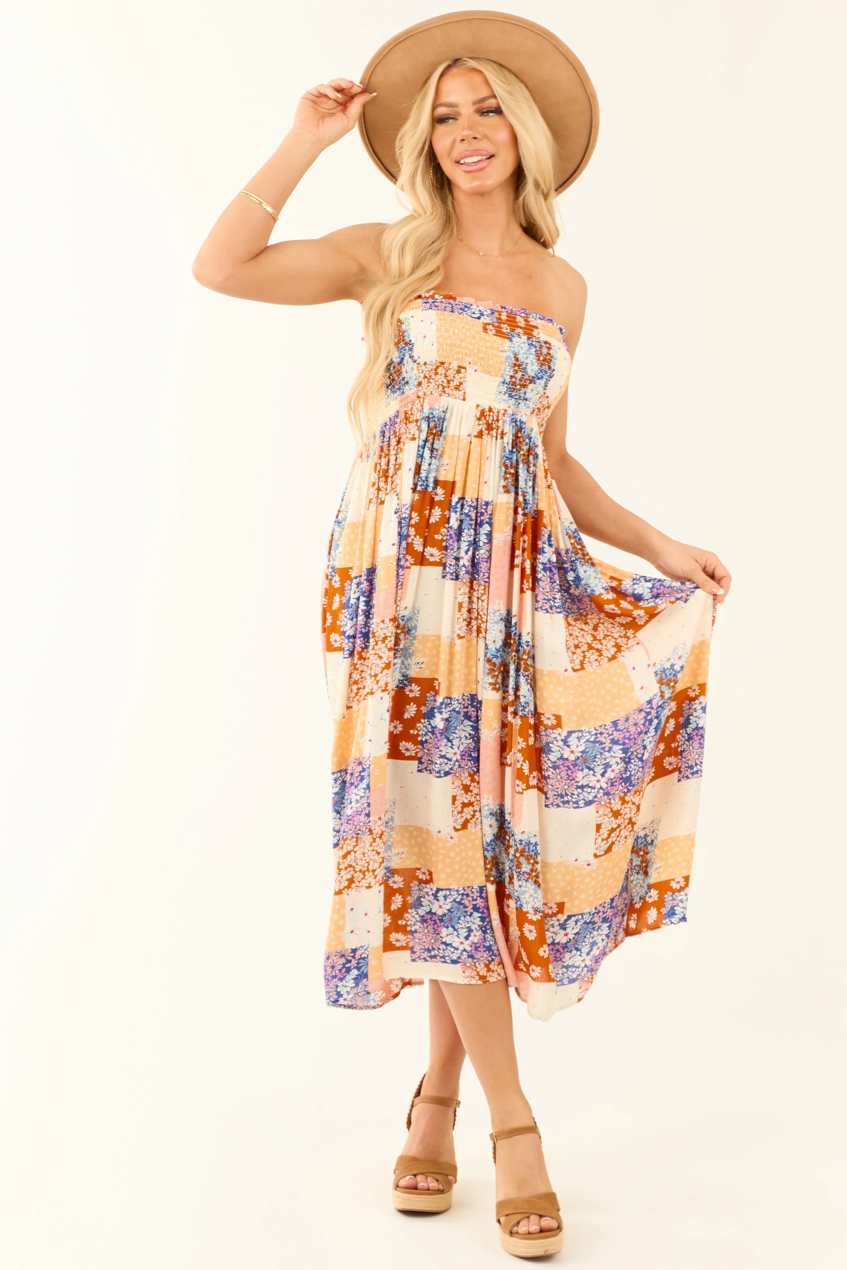 Vanilla Patchwork Floral Print Strapless Midi Dress - LD SALE
