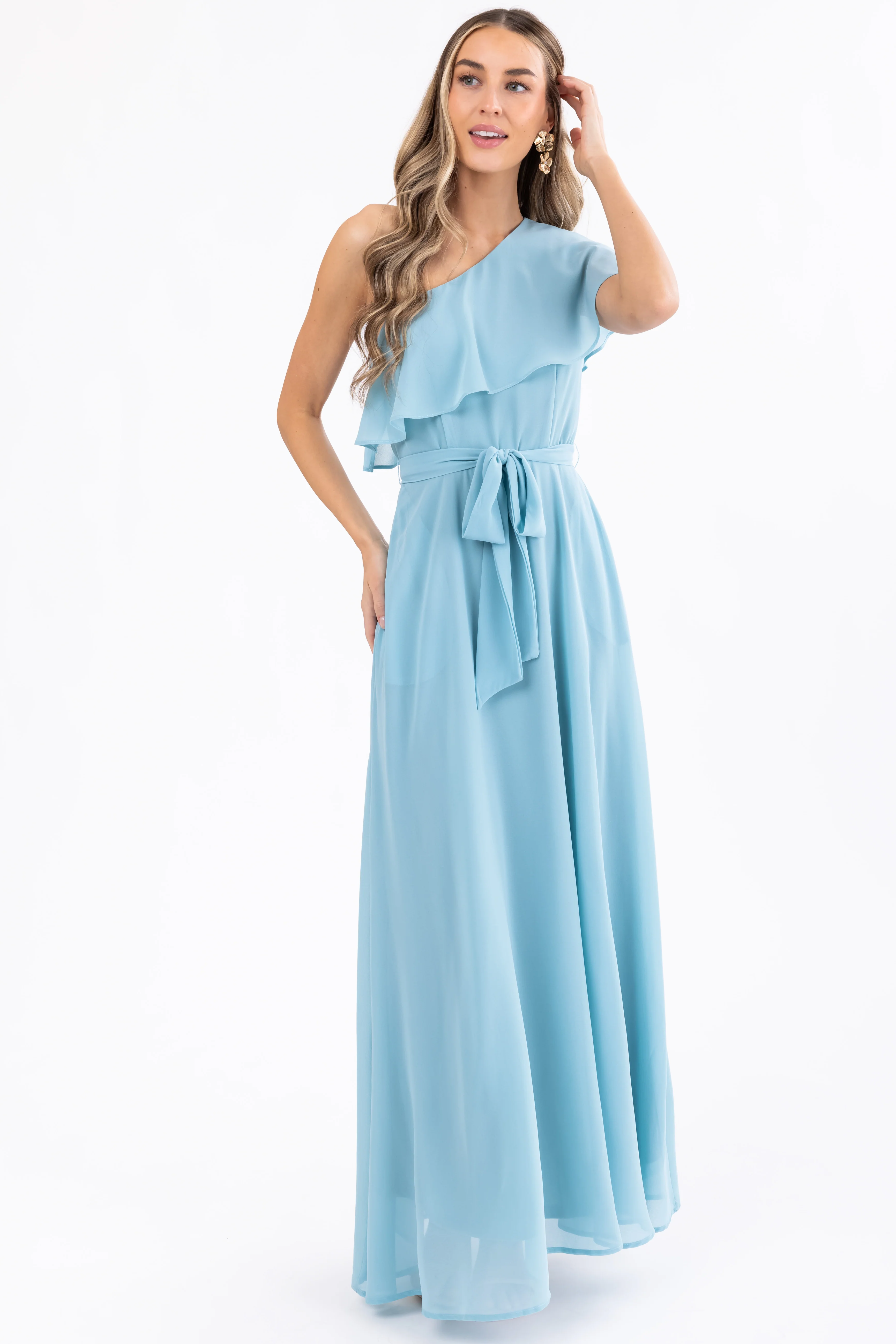 Arctic Blue One Shoulder Ruffle Maxi Dress - LD SALE