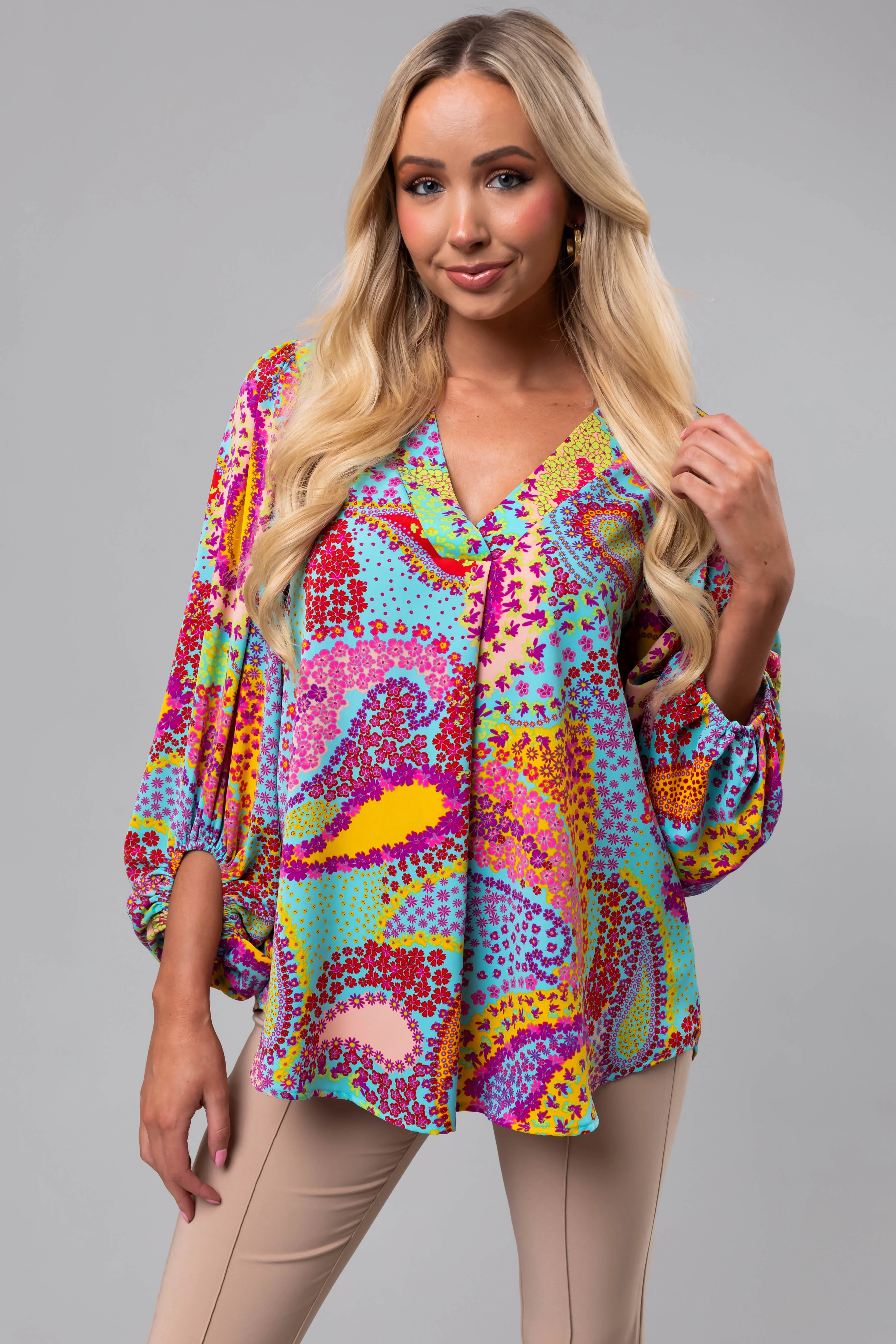 Multicolor Paisley Print Puff Sleeve Blouse - LD SALE