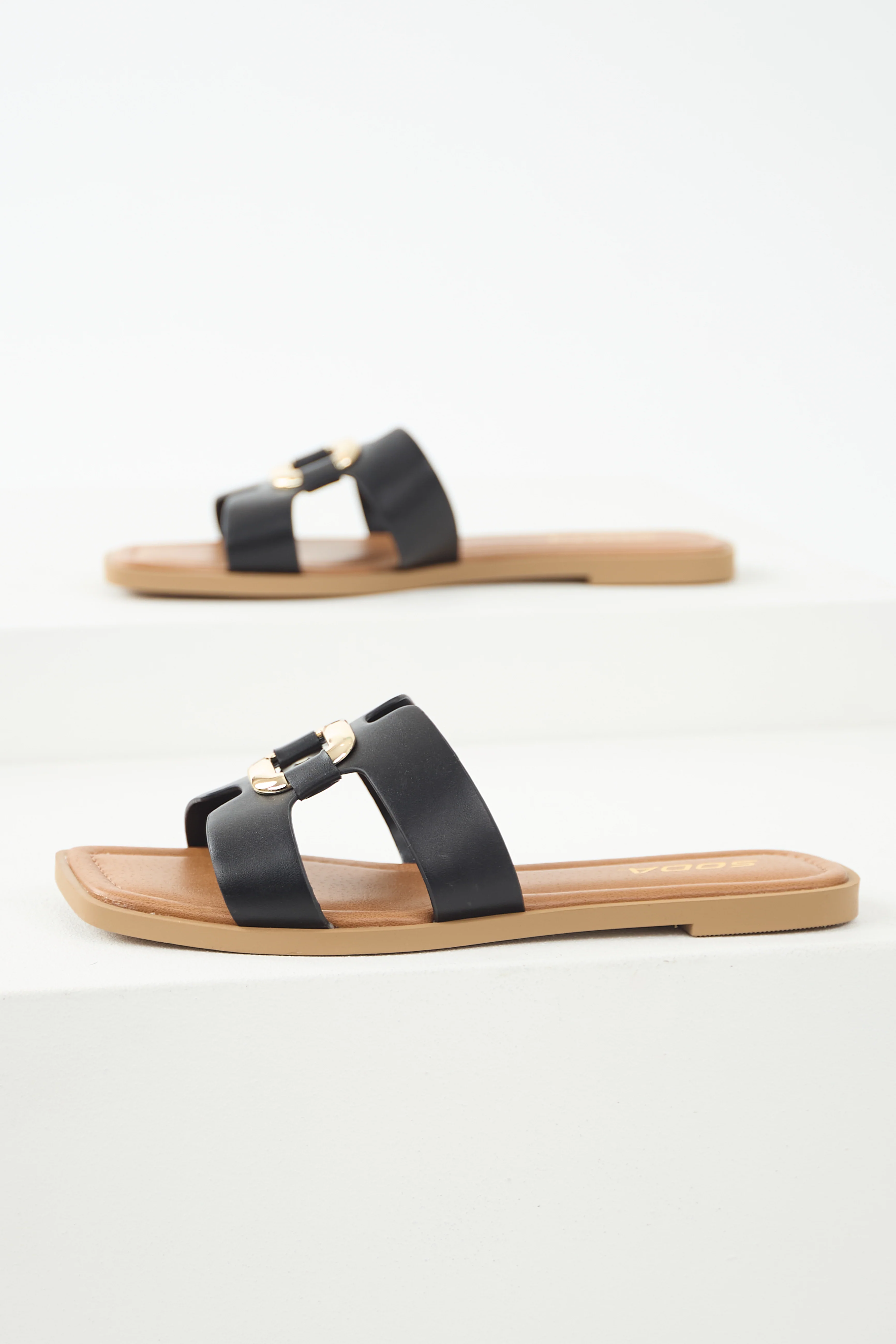 Black Gold Buckle Open Toe Sandals - LD SALE