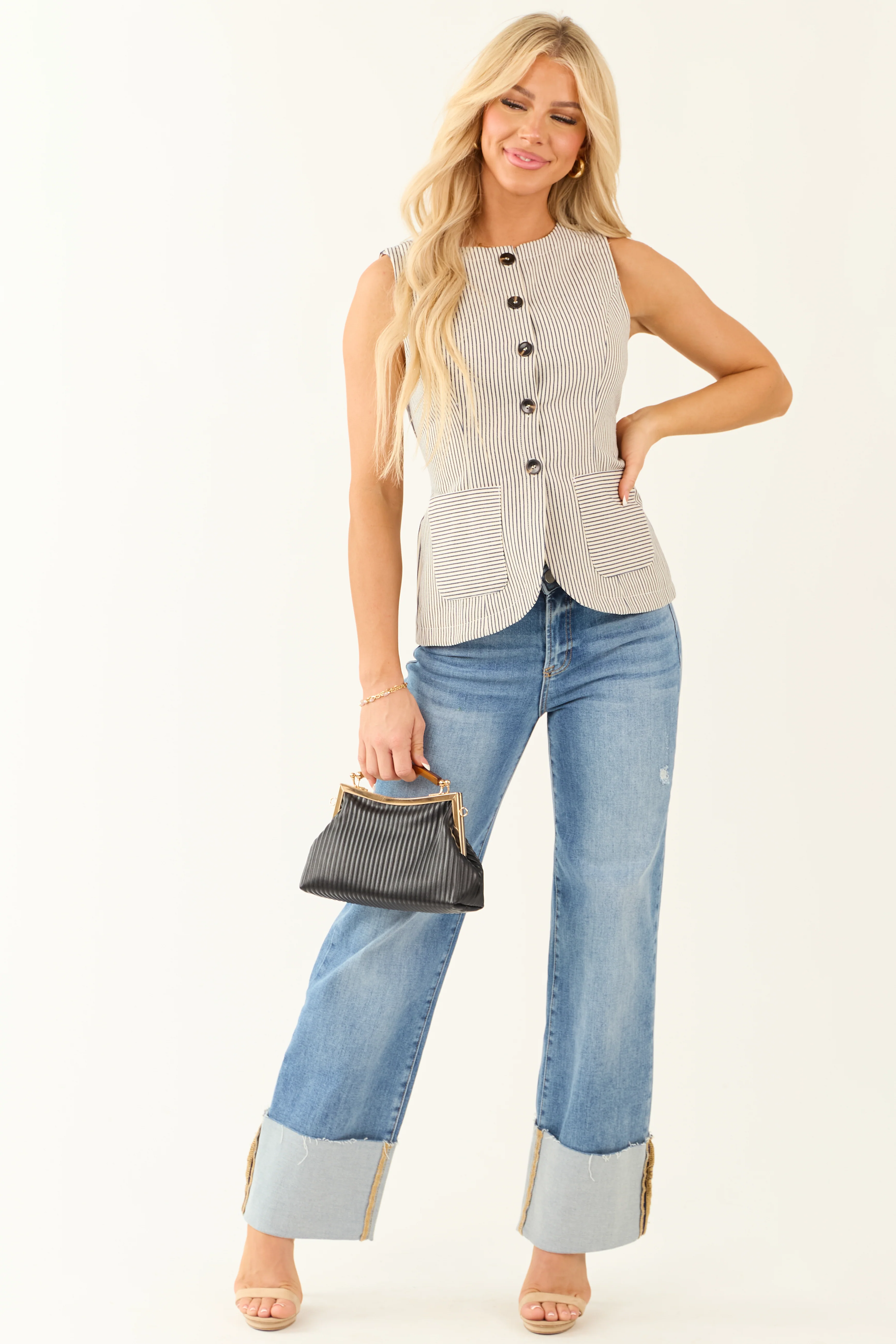 Ivory and Navy Striped Button Up Front Pocket Vest - LD SALE