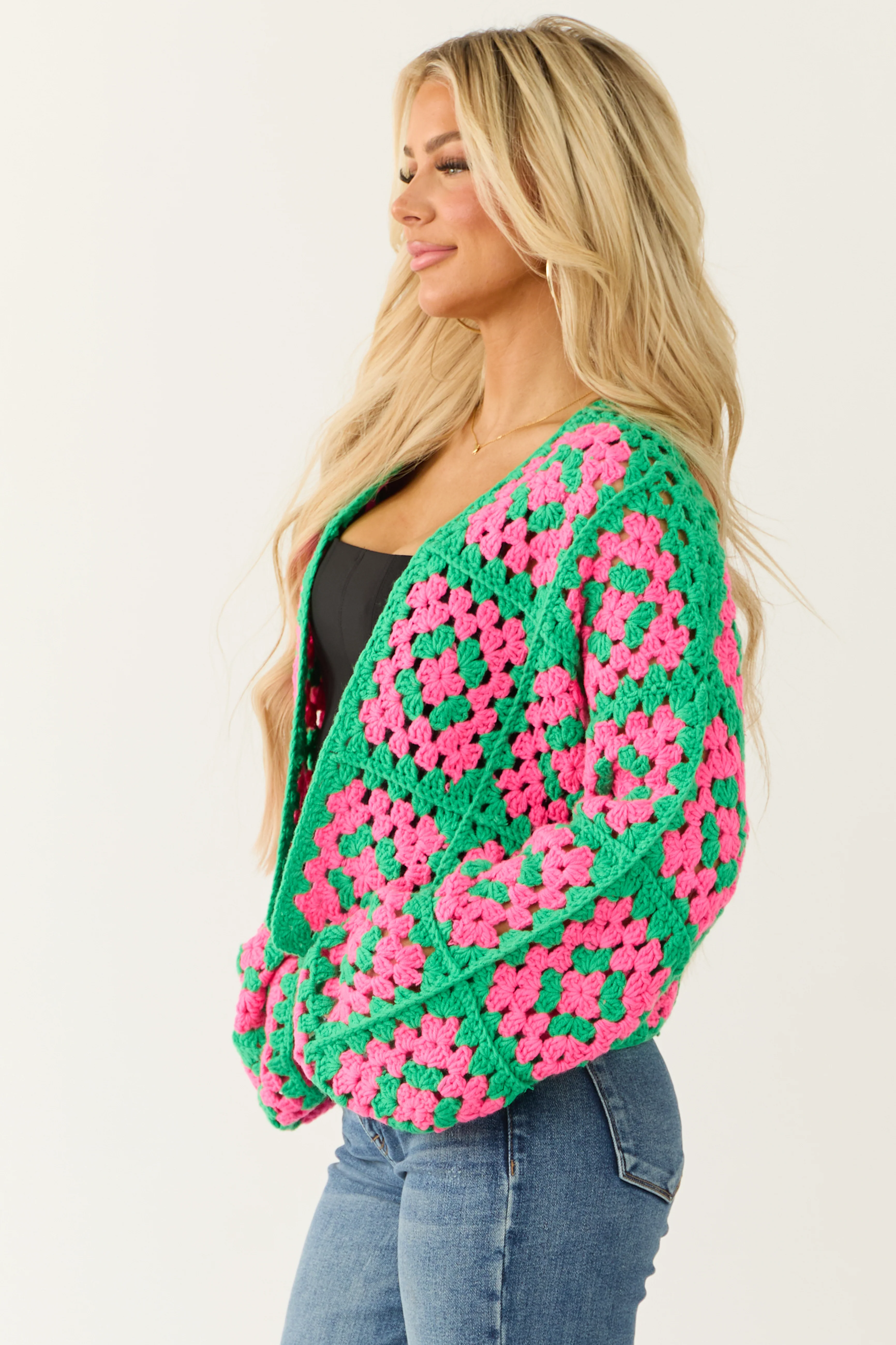 Jade Granny Square Crochet Open Cardigan - LD SALE