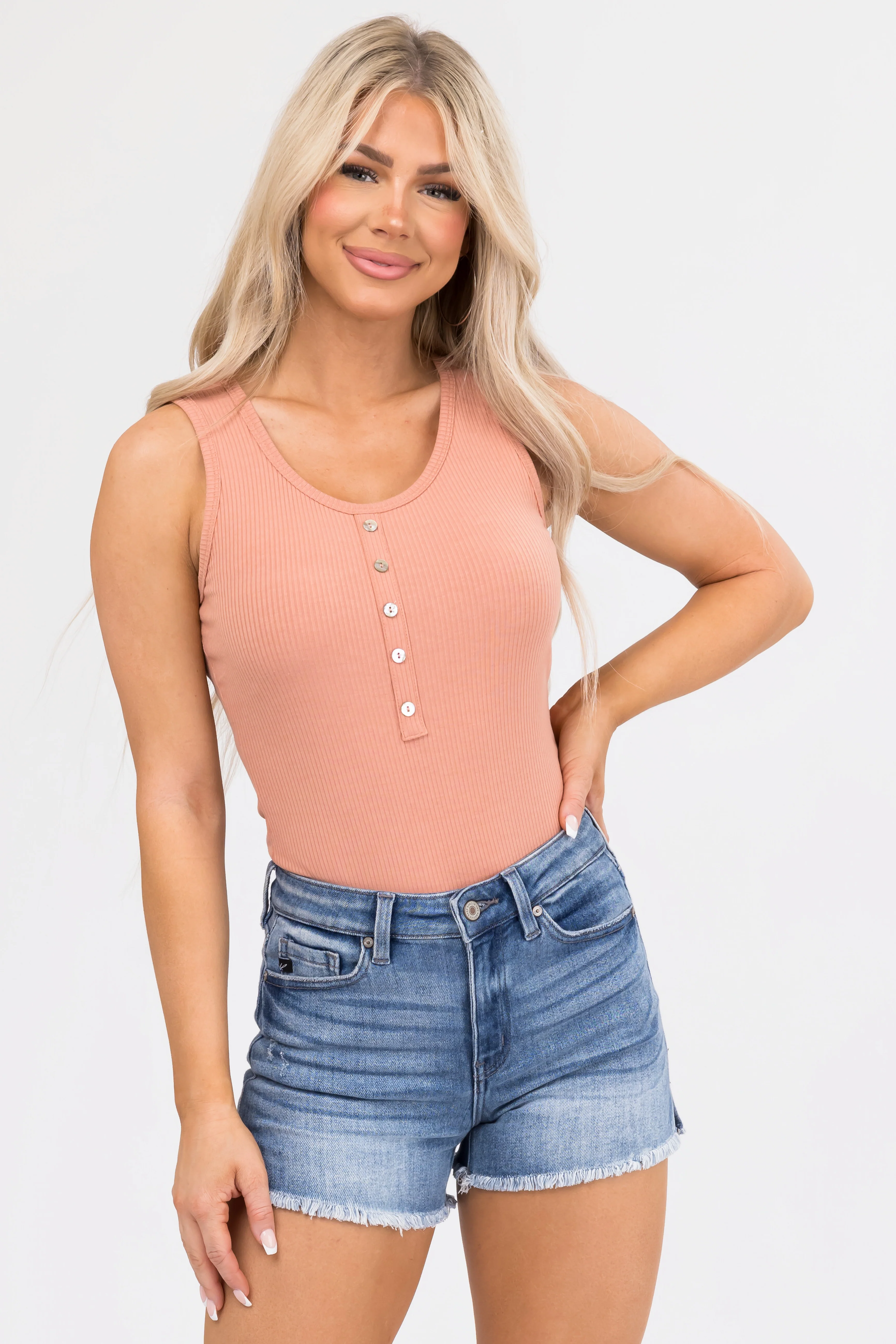 Dusty Peach Sleeveless Ribbed Knit Bodysuit - LD SALE