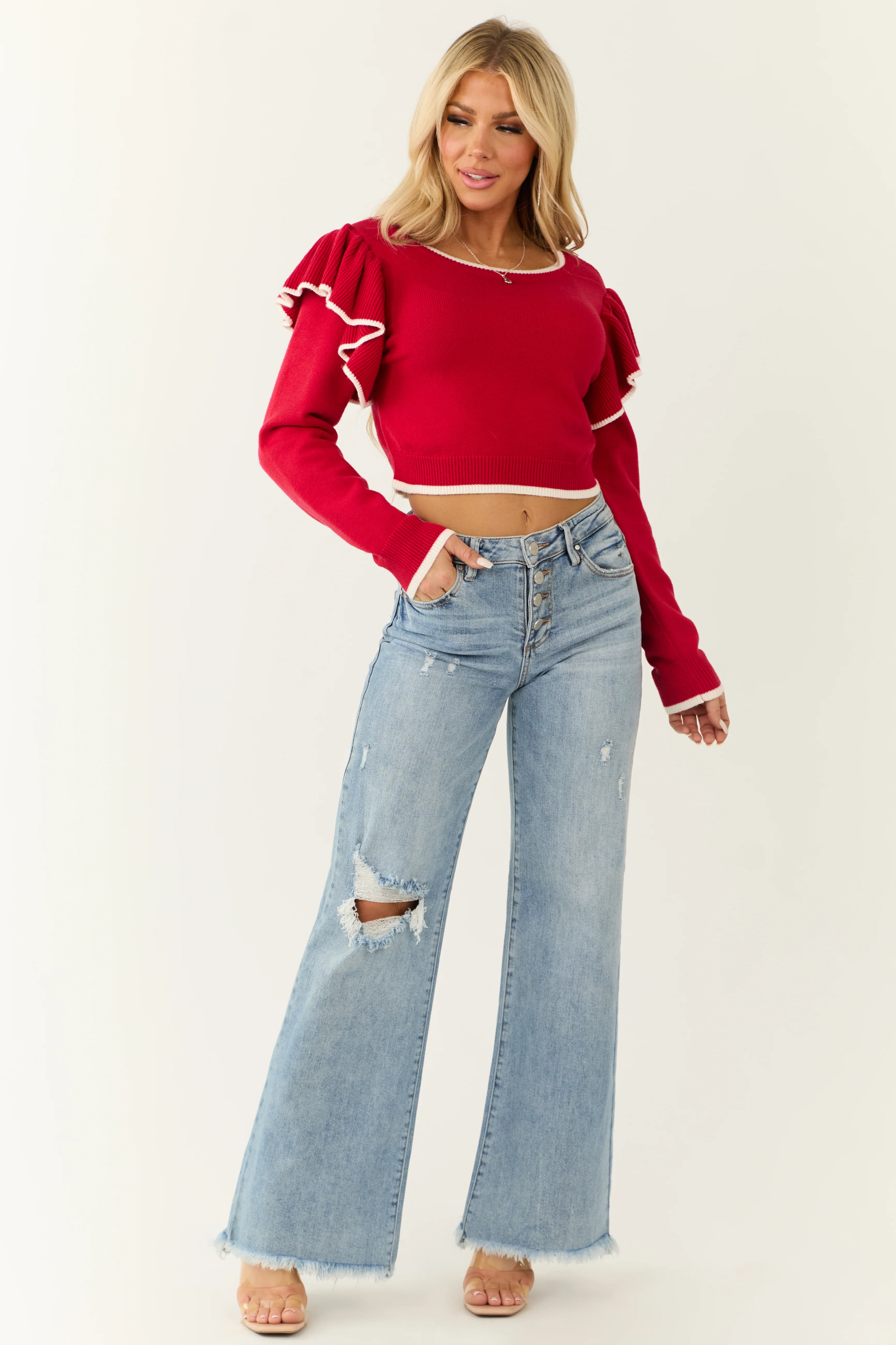 Lipstick Ruffle Shoulder Cropped Sweater - LD SALE