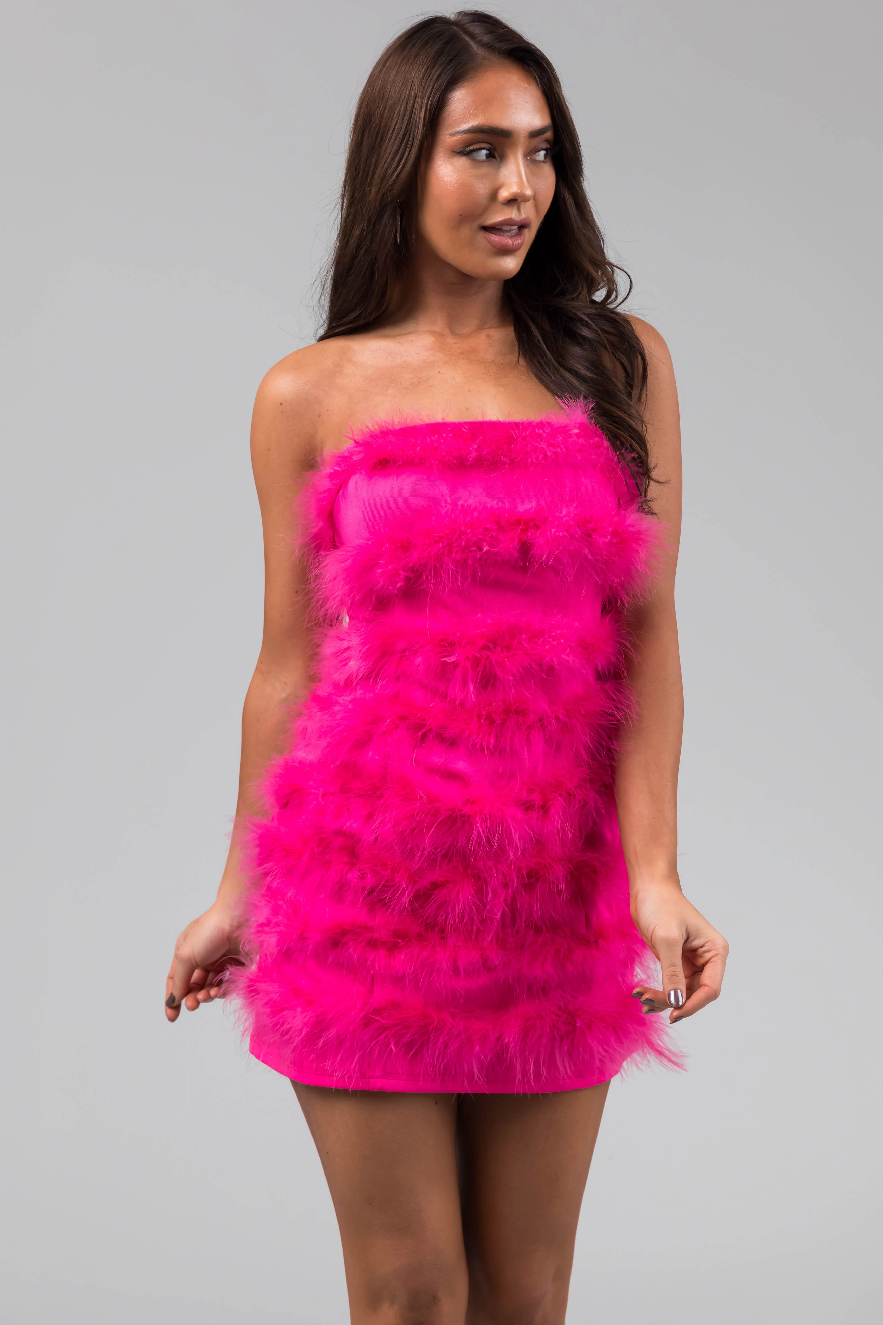 Hot Pink Faux Fur Strapless Mini Dress - LD SALE