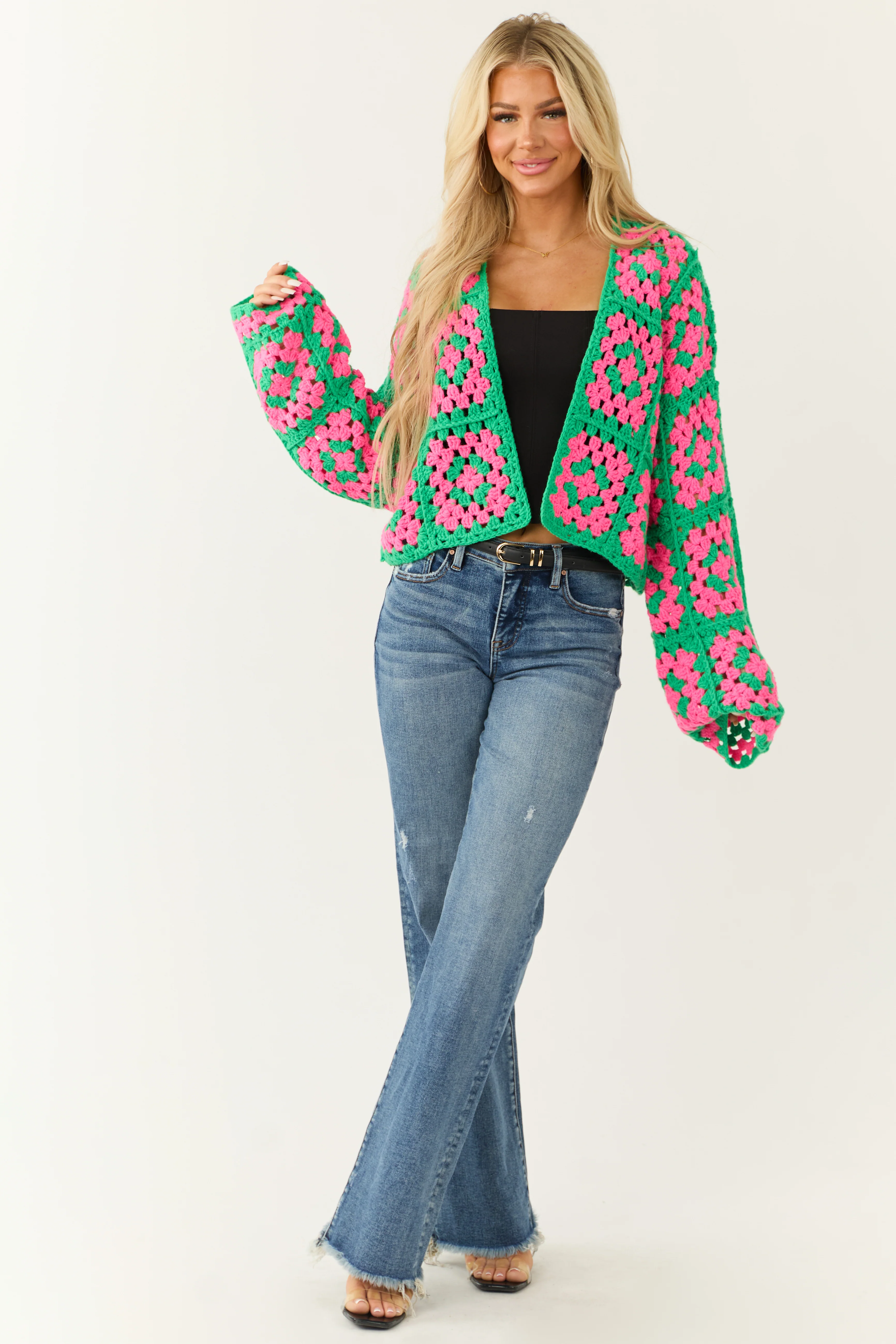 Jade Granny Square Crochet Open Cardigan - LD SALE