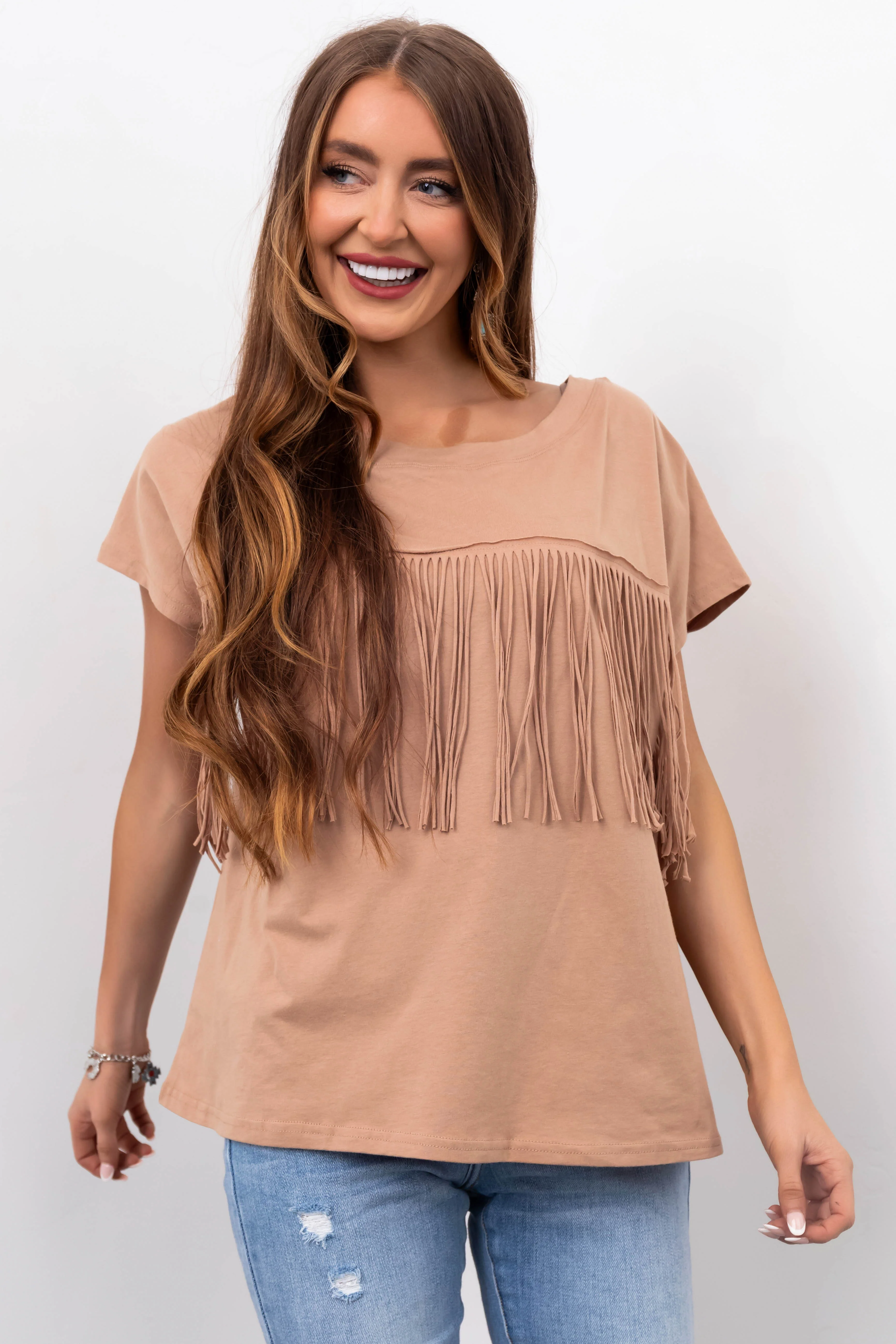 Camel Fringe Short Sleeve Knit Tee - LD SALE
