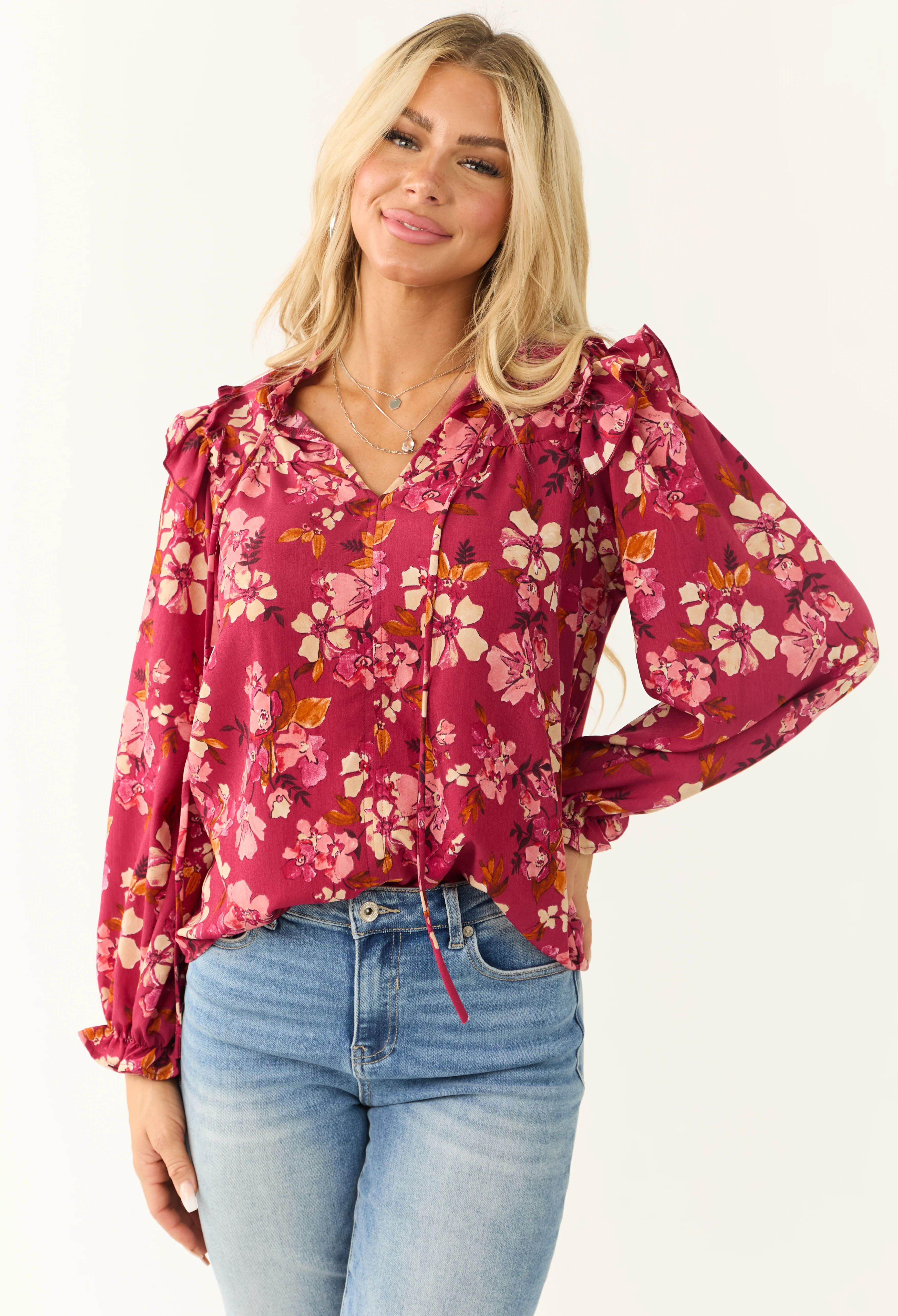 Hibiscus Floral Print Long Sleeve Blouse - LD SALE