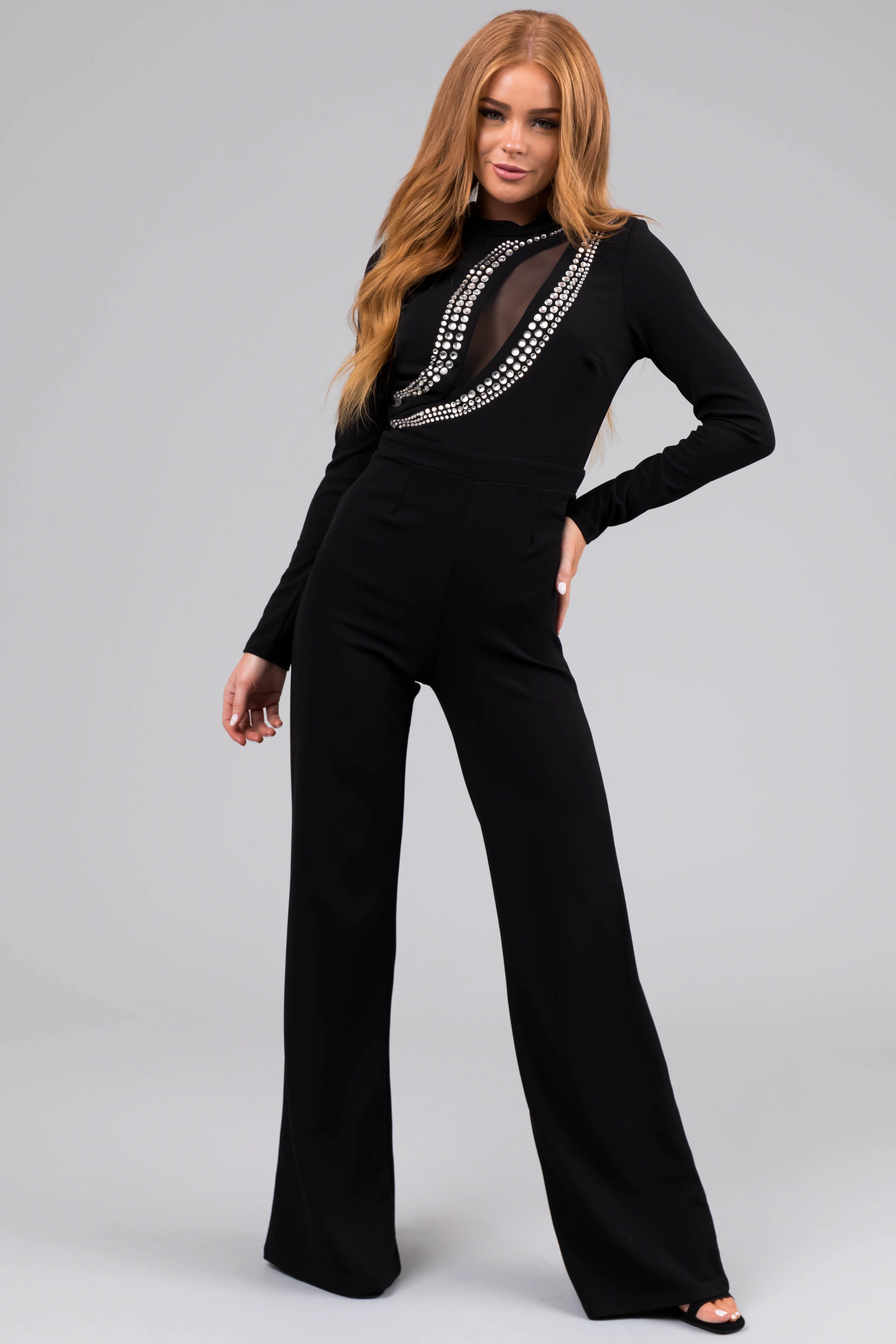 Black Rhinestone Detail Long Sleeve Jumpsuit - LD SALE