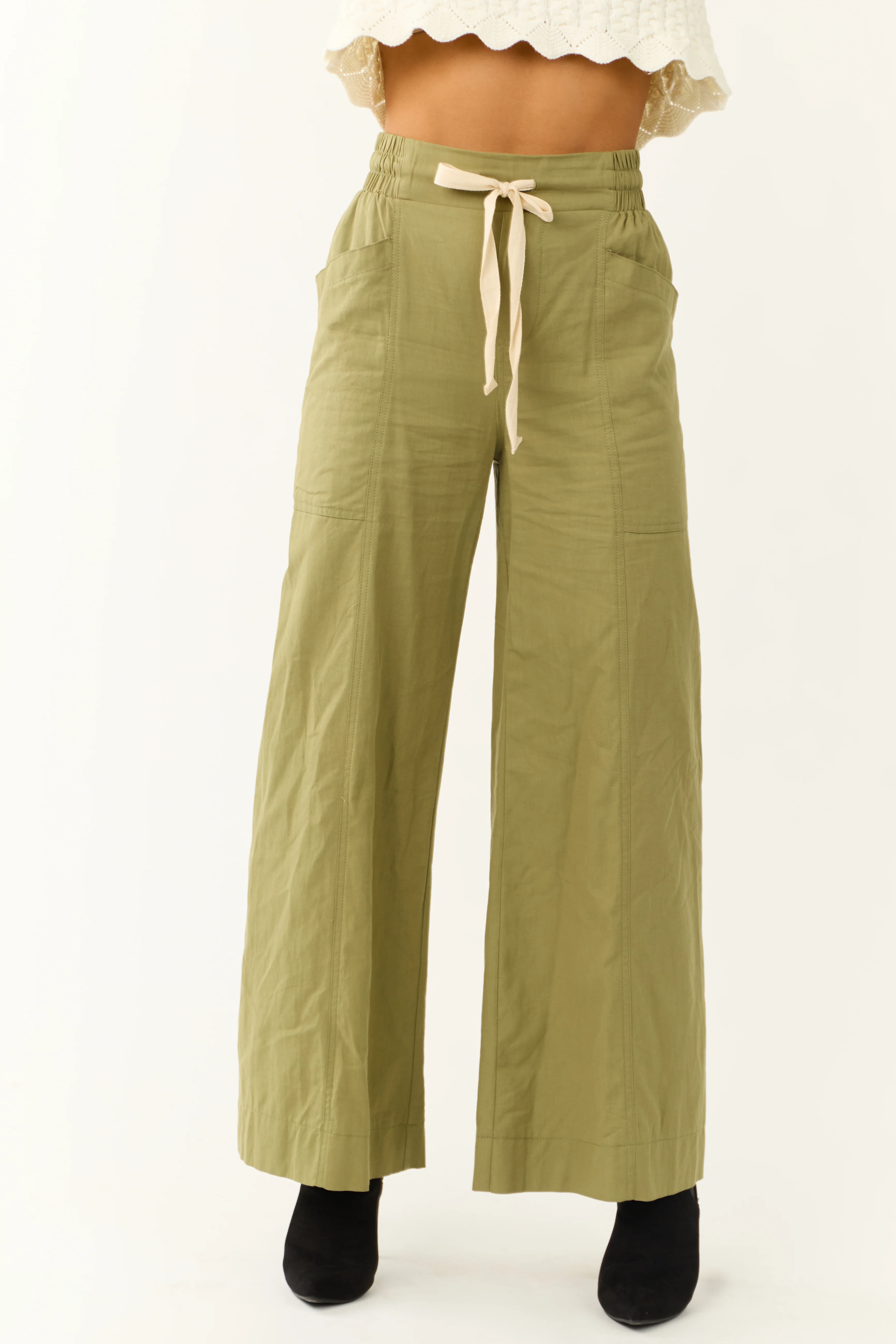 Dark Pistachio Wide Leg Drawstring Waist Pants - LD SALE