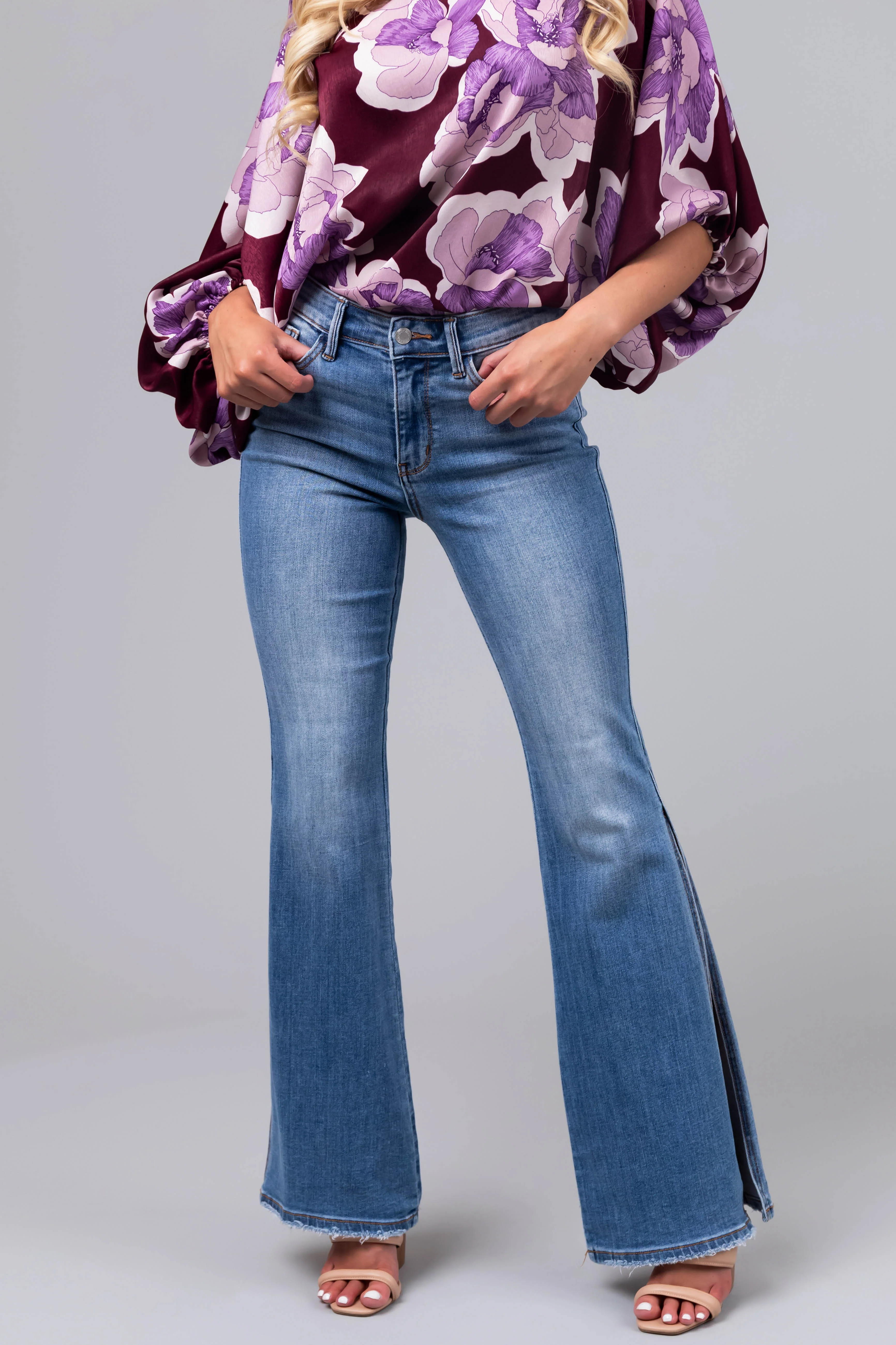 Judy Blue Medium Wash Flare Leg Slit Jeans - LD SALE