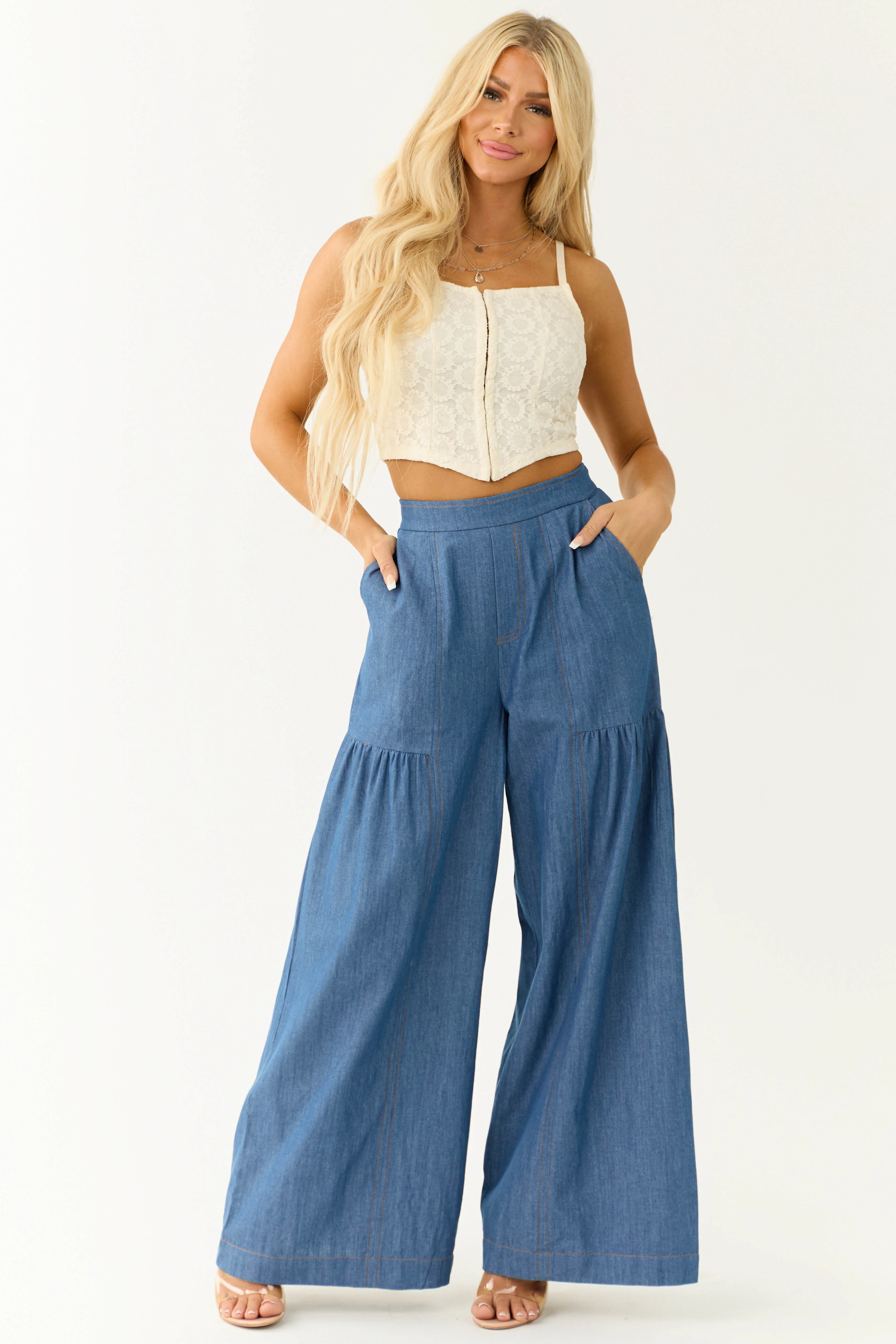 Medium Denim Smocked Waist Flare Palazzo Pants - LD SALE