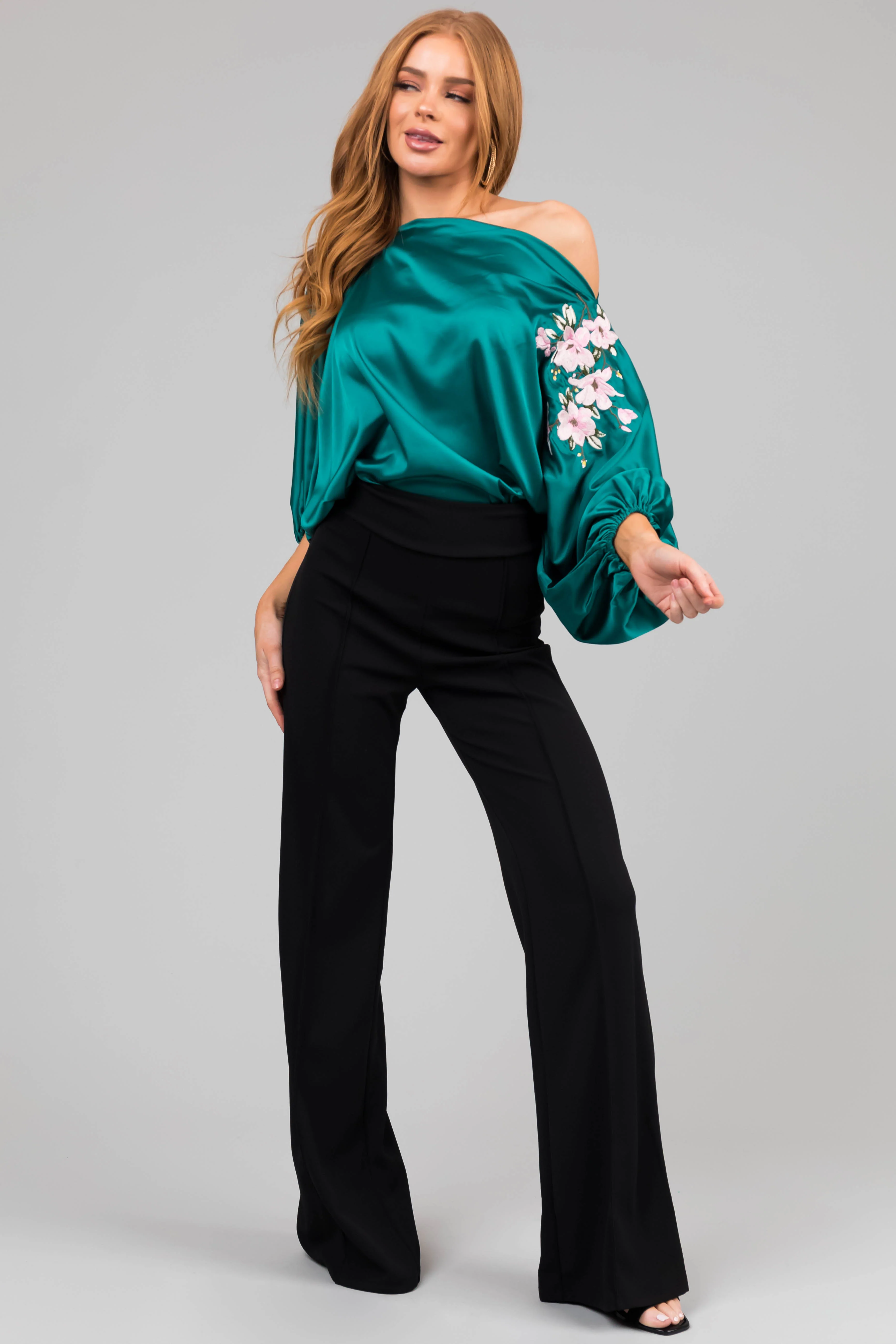 Jungle Green Floral Embroidery Satin Blouse - LD SALE