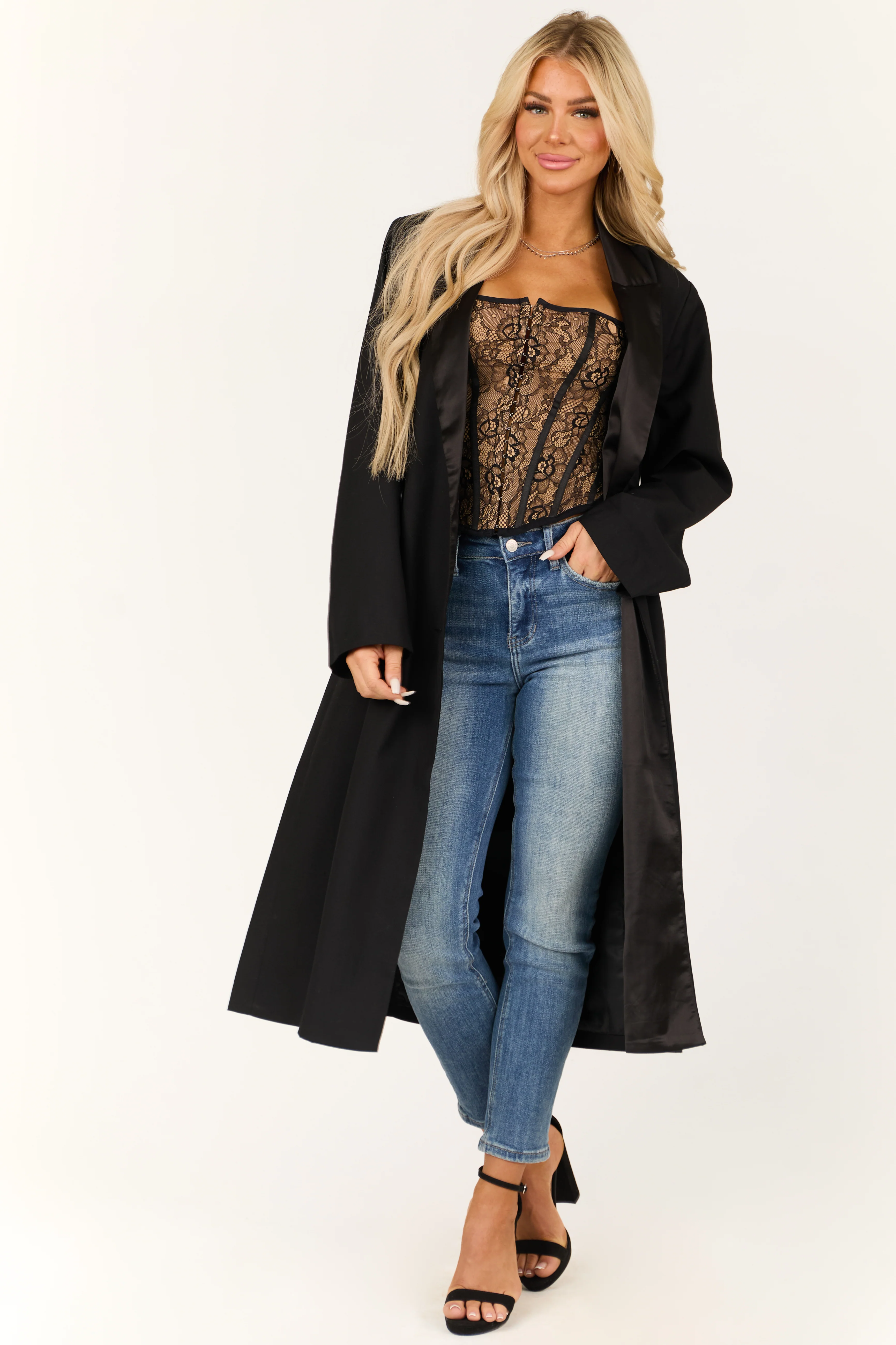 Black Double Button Satin Contrast Trench Coat - LD SALE