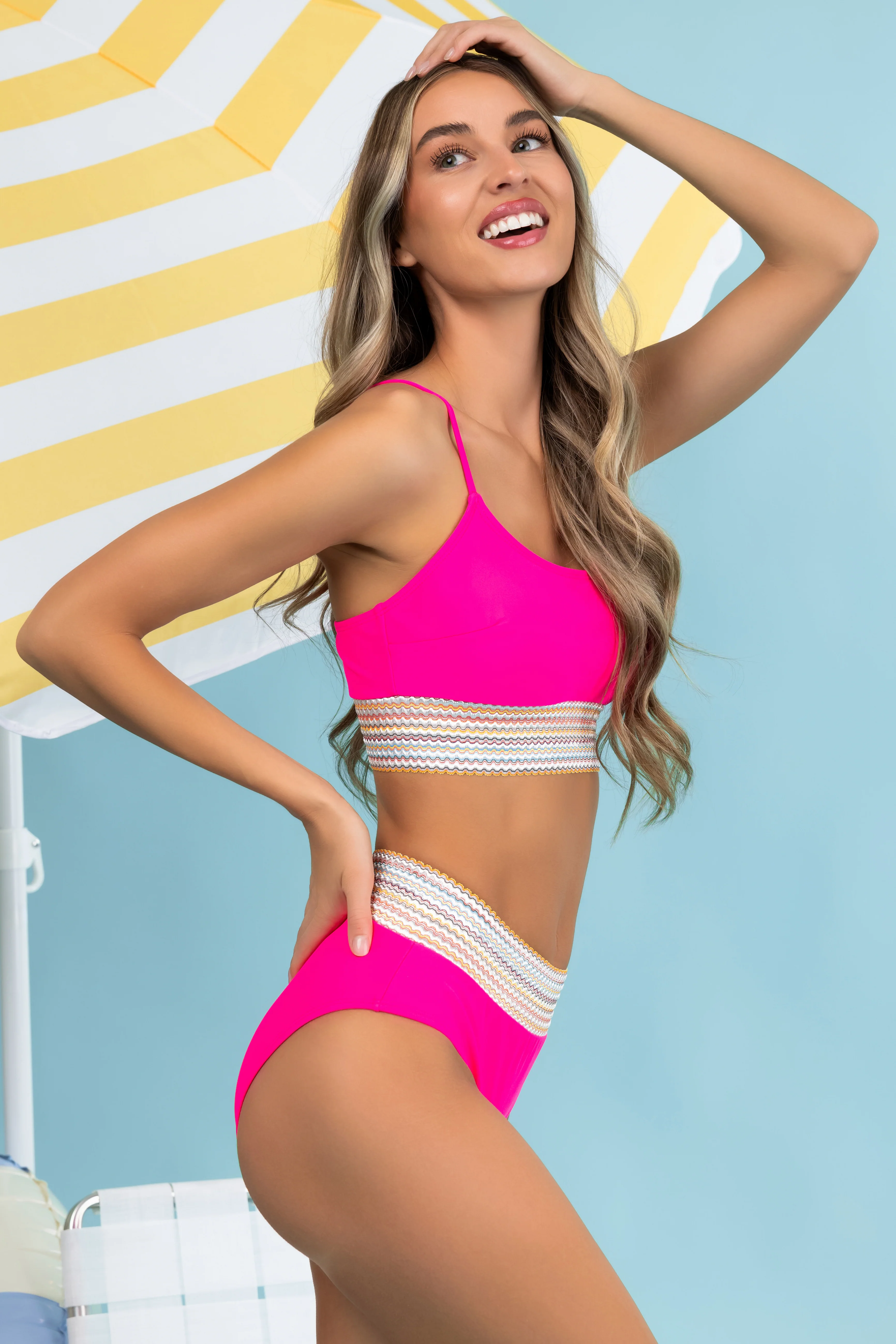 Neon Magenta Bikini with Stripe Trim - LD SALE
