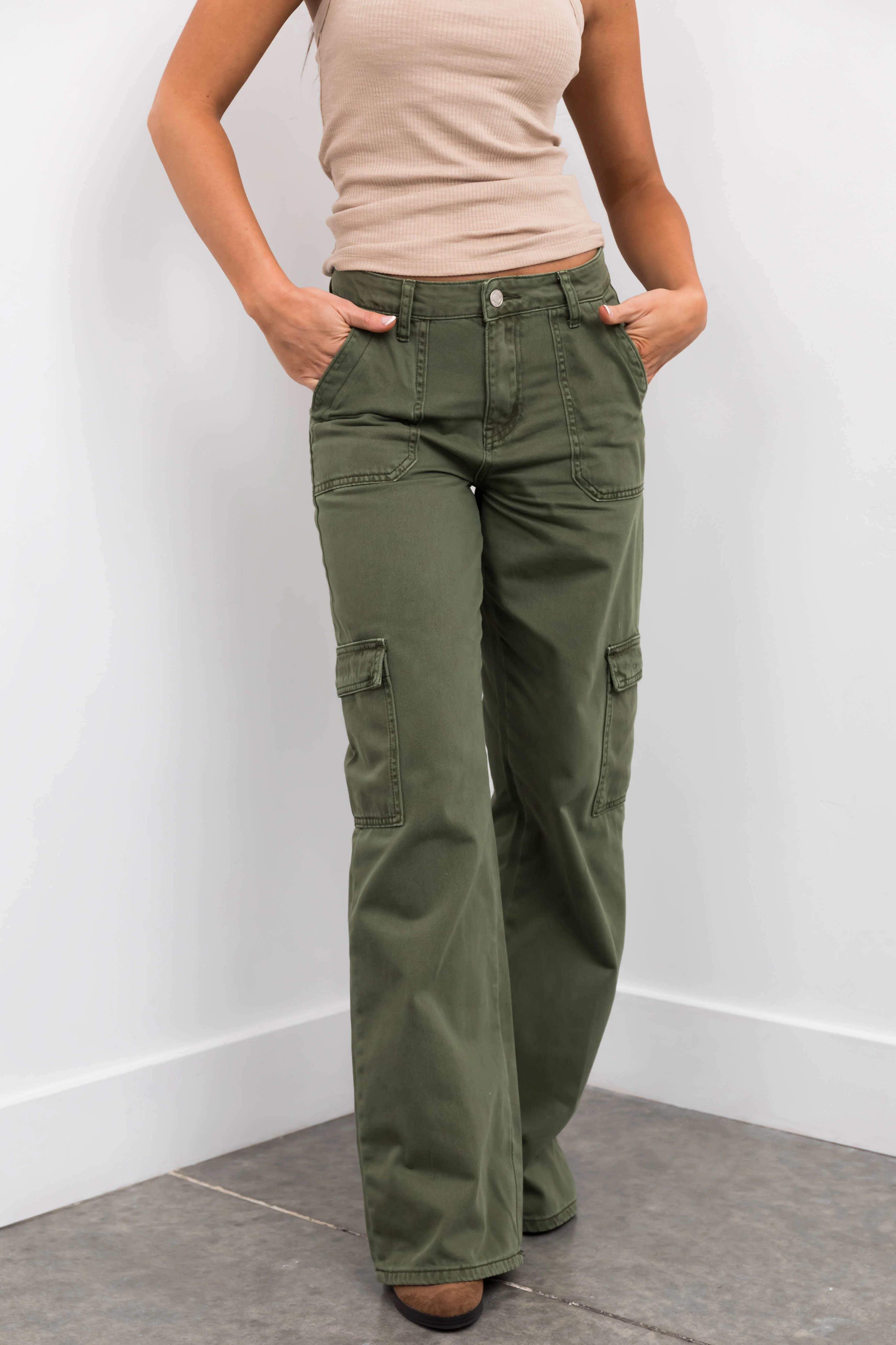 Vervet Army Green High Rise Wide Leg Cargo Jeans - LD SALE