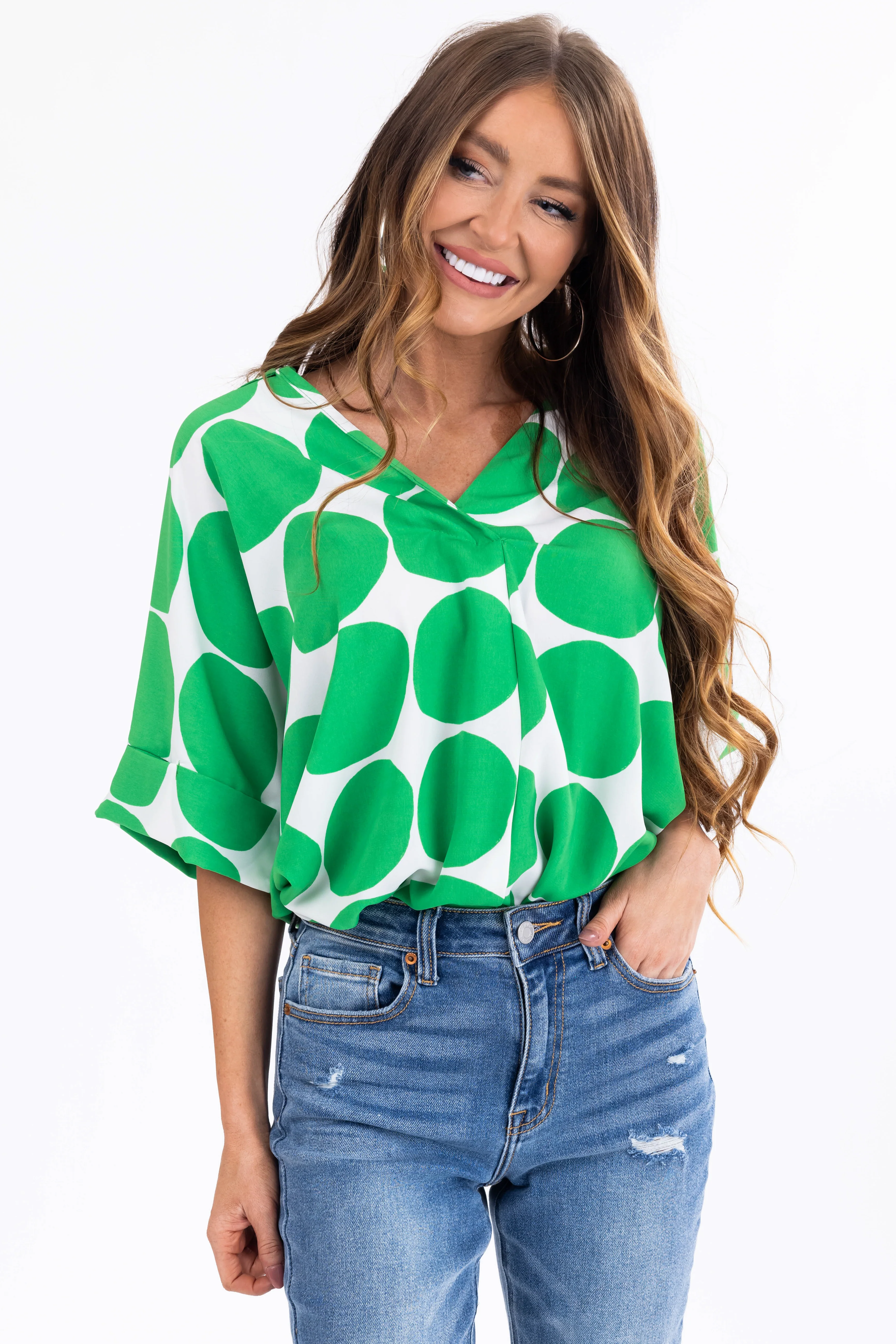 Kelly Green Large Dot Oversized Blouse - LD SALE
