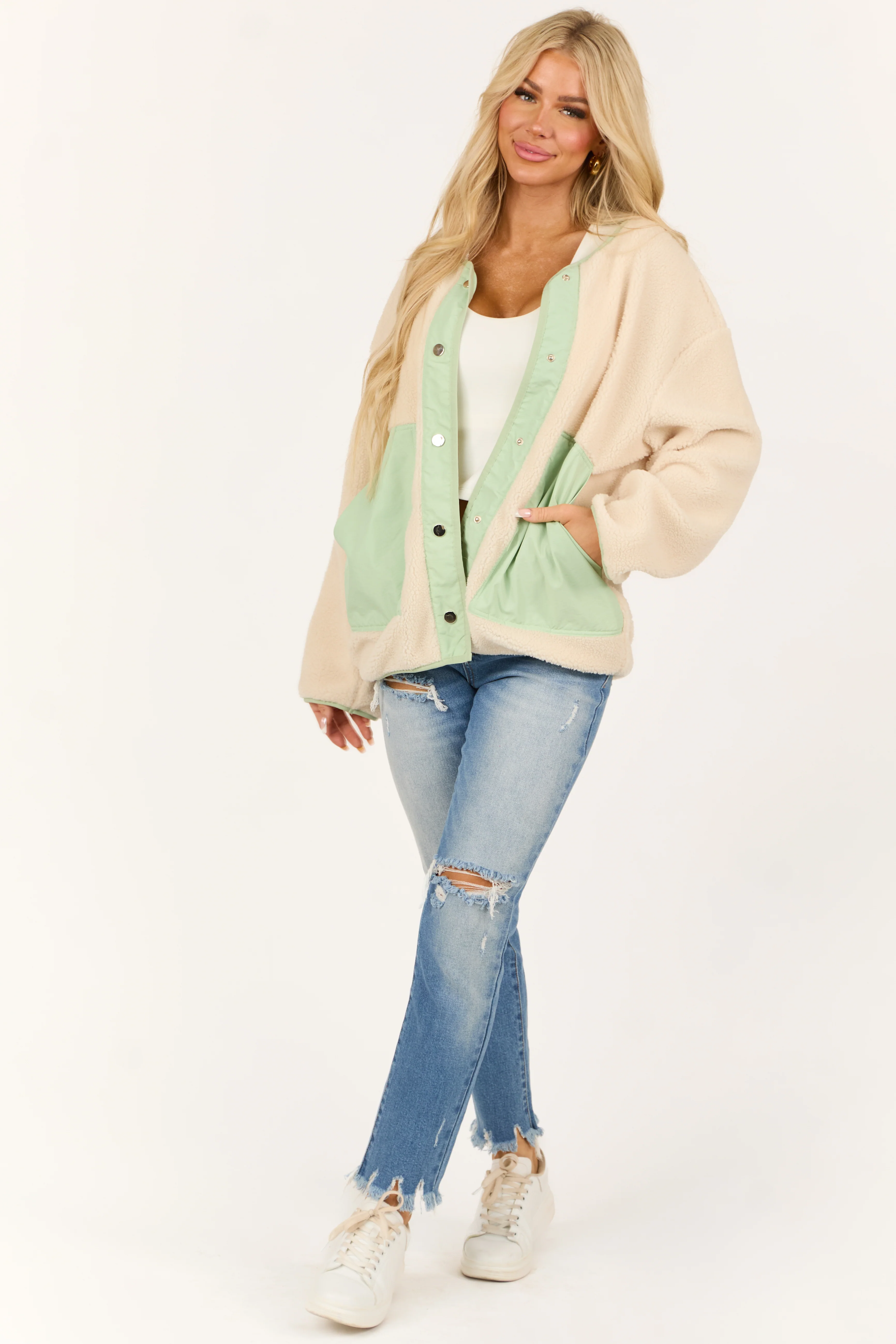 Cream and Mint Sherpa Button Down Jacket - LD SALE