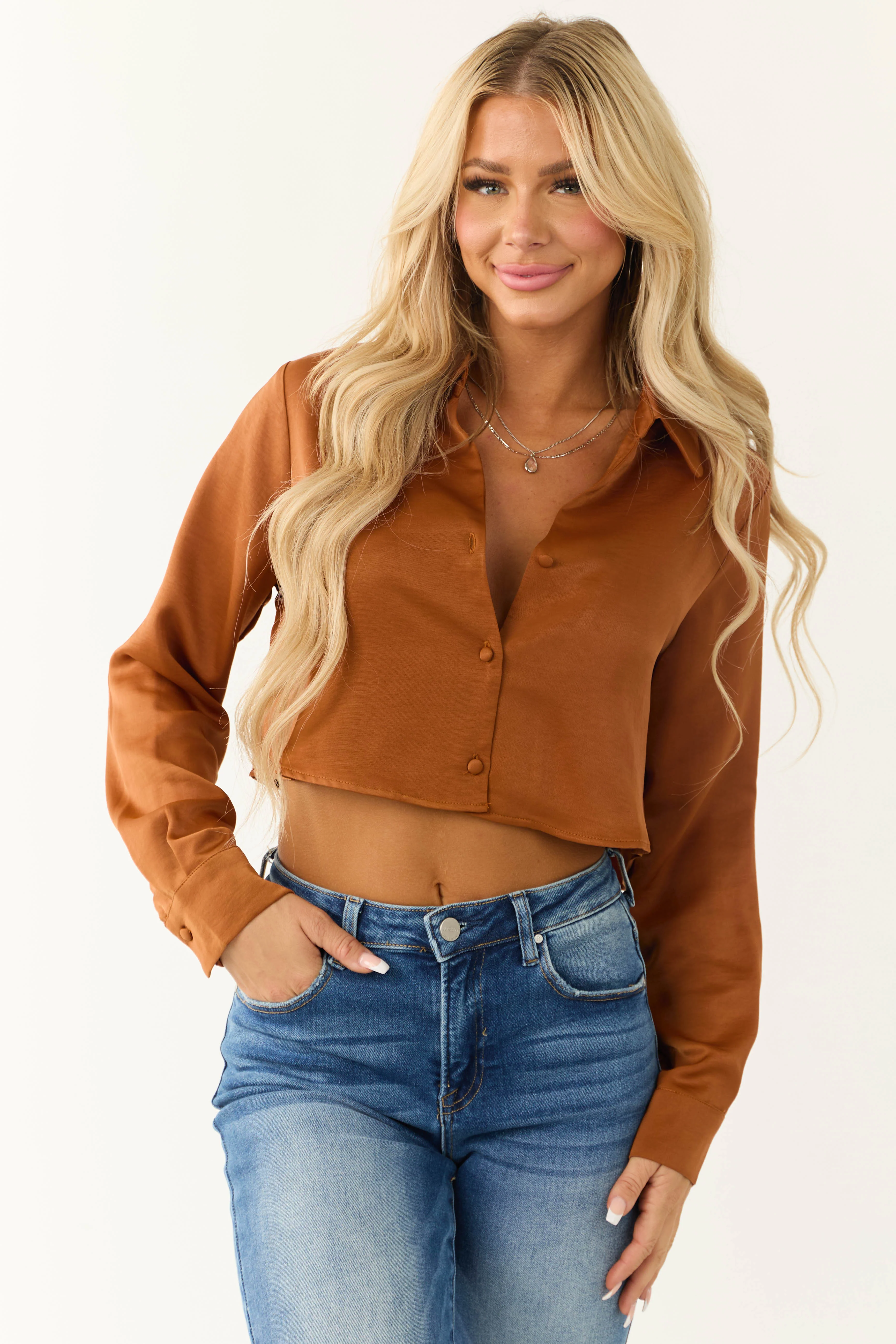 Spice Button Up Cropped Silky Long Sleeve Top - LD SALE
